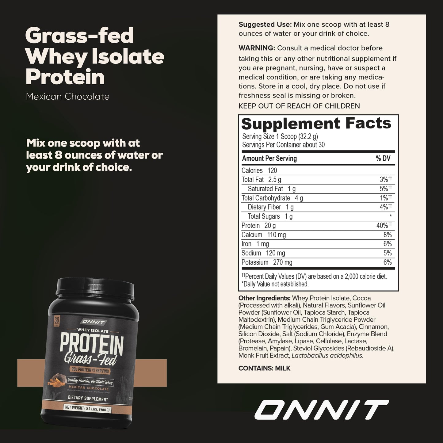 ONNIT Grass Fed Whey Isolate Protein Powder, Mexican Chocolate Flavor, Whey Protein Powder Dietary Supplement to Support Muscle Gain and Workout Recovery, 30 Servings per Tub, 30.7 oz