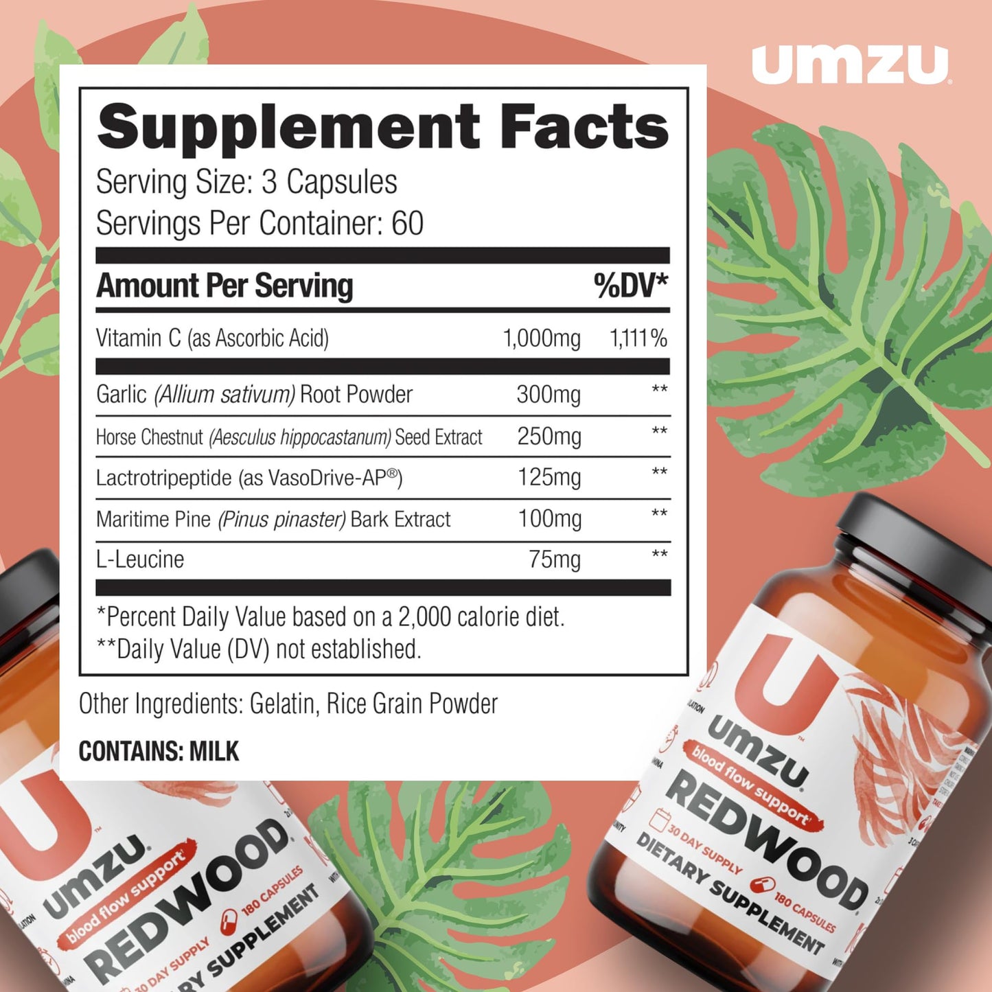 UMZU Redwood Nitric Oxide Booster & Blood Circulation Supplement, 3 Bottles (90 Day Supply | 540 Capsules)