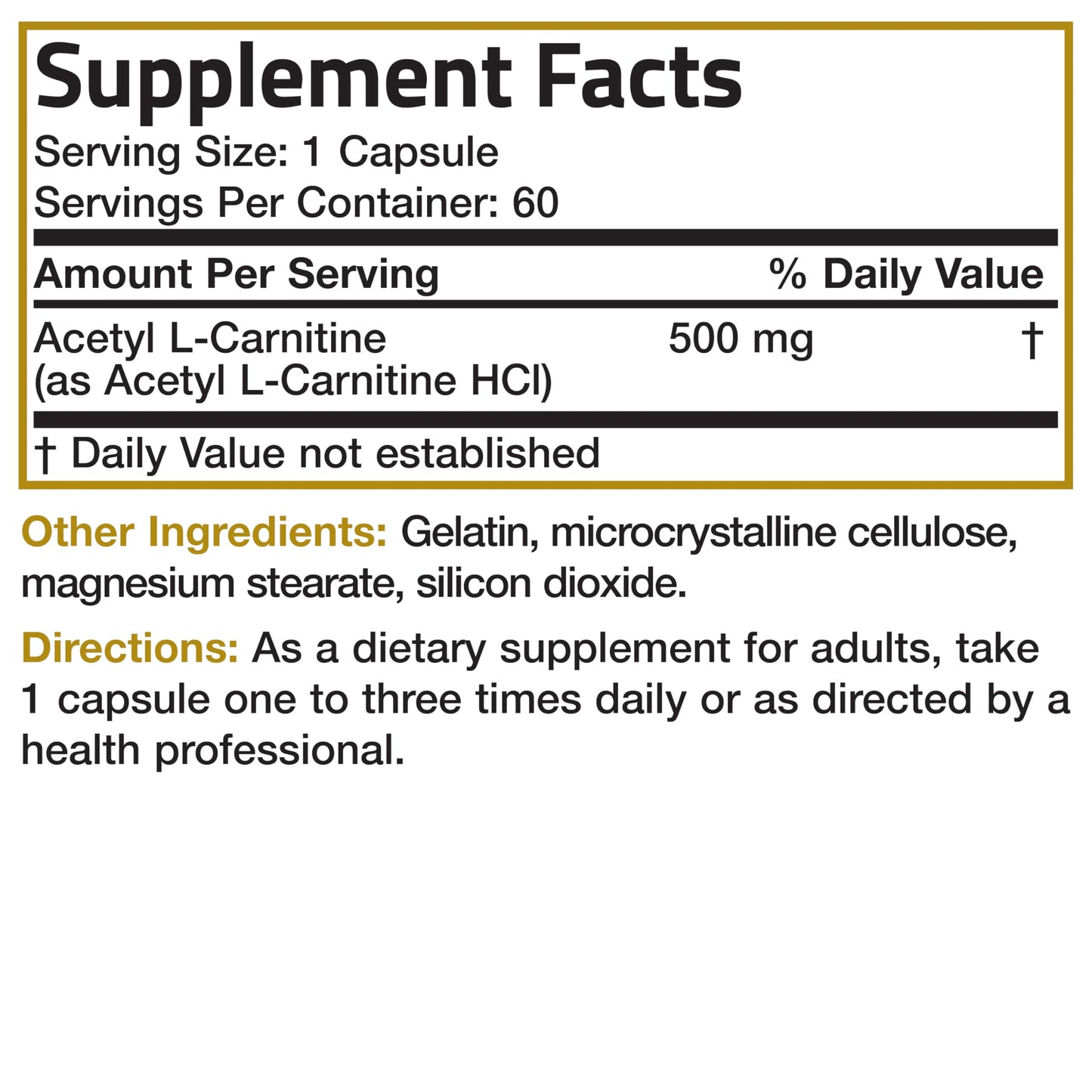 Bronson Acetyl L-Carnitine 500 MG High Potency Amino Acid Non-GMO, 60 Capsules
