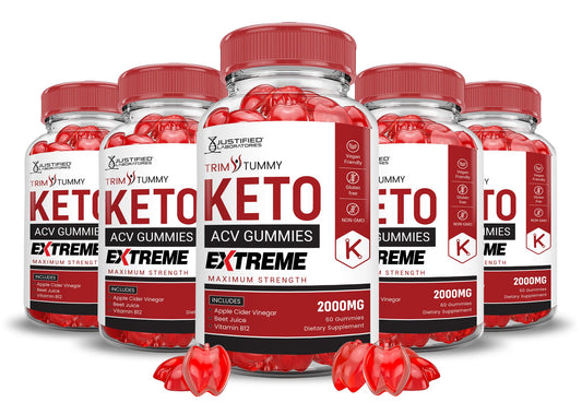 (5 Pack) Trim Tummy Keto ACV Gummies Extreme 2000MG Trim Tummy Keto Gummies Apple Cider Vinegar Formulated with Pomegranate Beet Juice Powder B12 Vegan Non GMO 300 Gummys