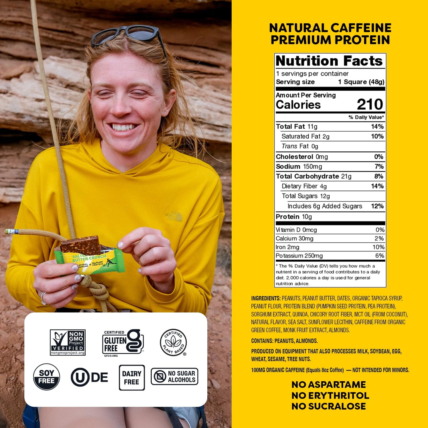 Quantum Energy Square - Energy Bar with Caffeine & 10g Protein - Healthy Snack On the Go - Vegan, Gluten, Soy & Dairy-Free, Salted Peanut Butter 8Pack