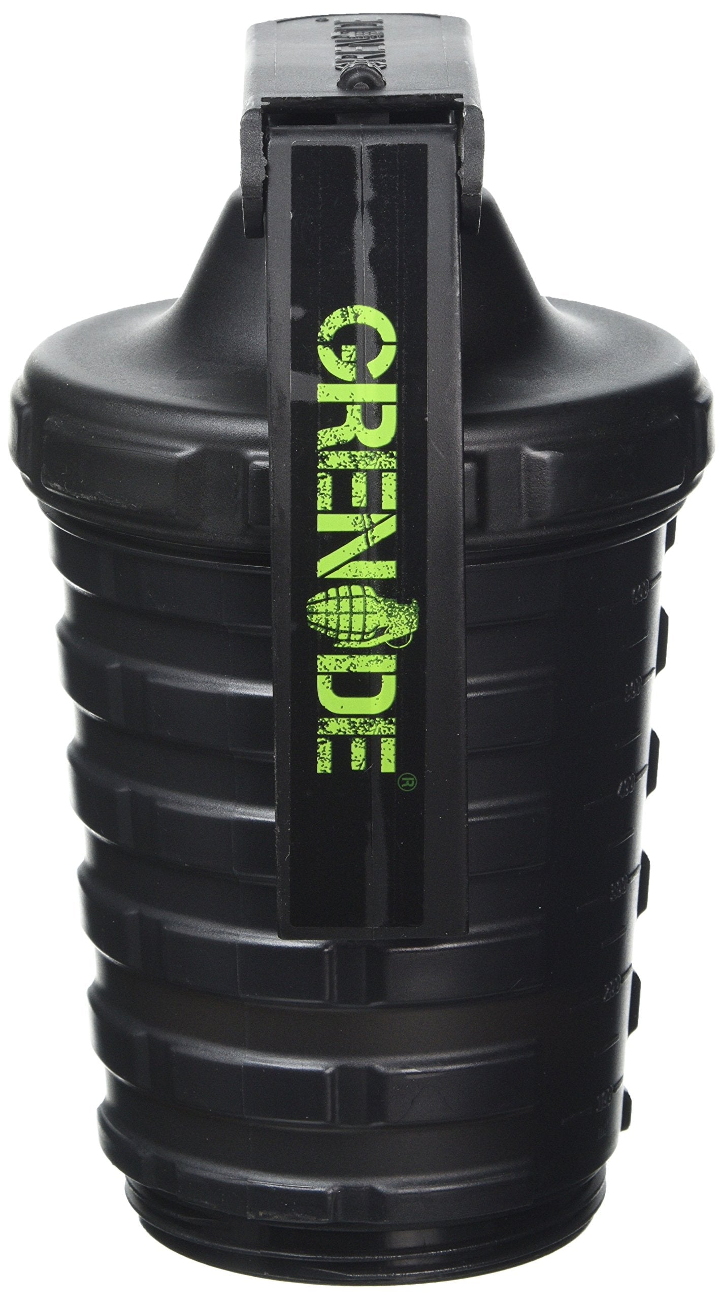 Grenade Shaker Bottle | Protein Cup with Storage Compartment | Leak Proof Strainer Included | BPA Free Sports Bottle | Pill Slots | Black, 20oz
