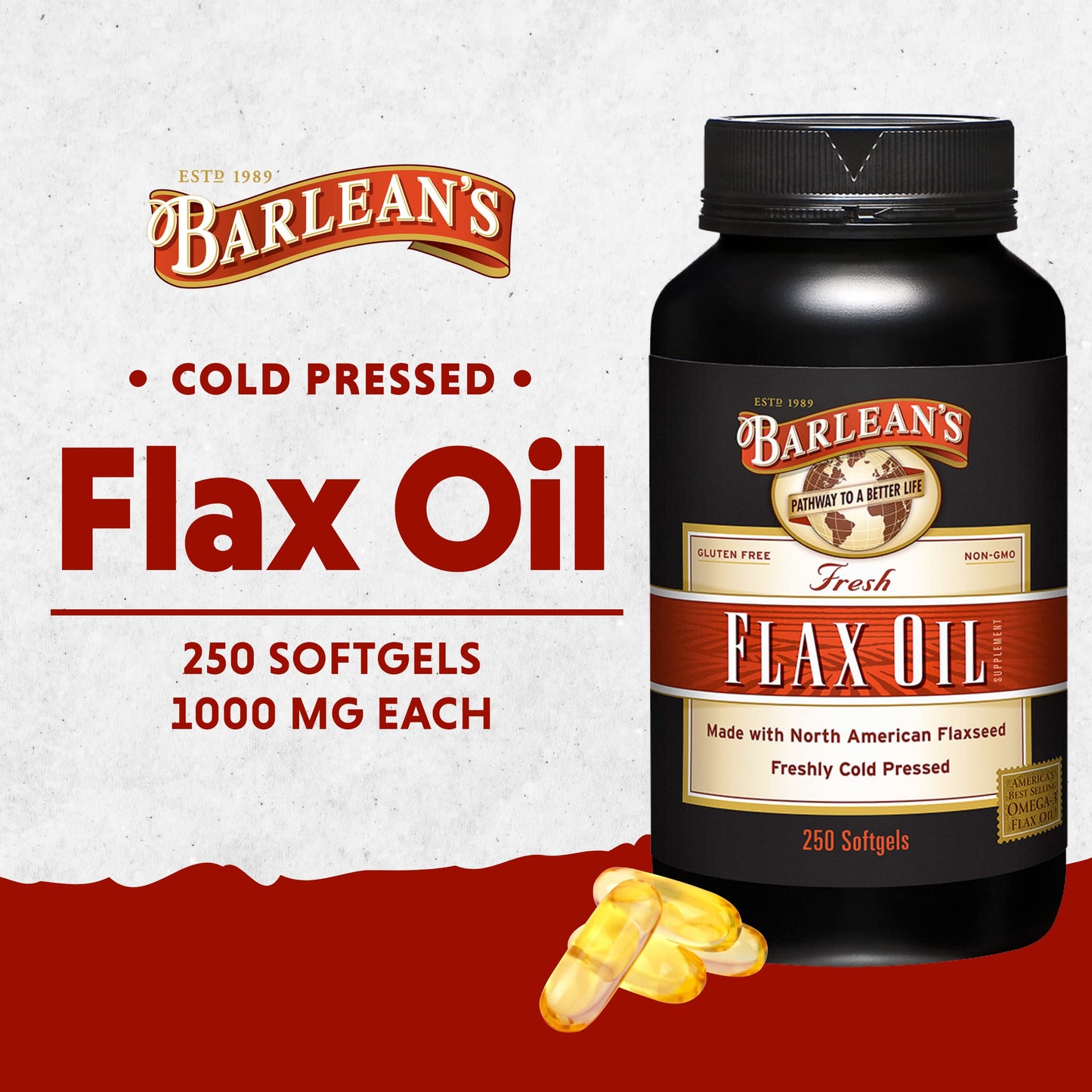 Barlean's Flaxseed Oil Softgels, Cold-Pressed Flax Seed Supplement with 1,650 mg ALA Omega-3 Fatty Acids, 1000mg, 250 ct