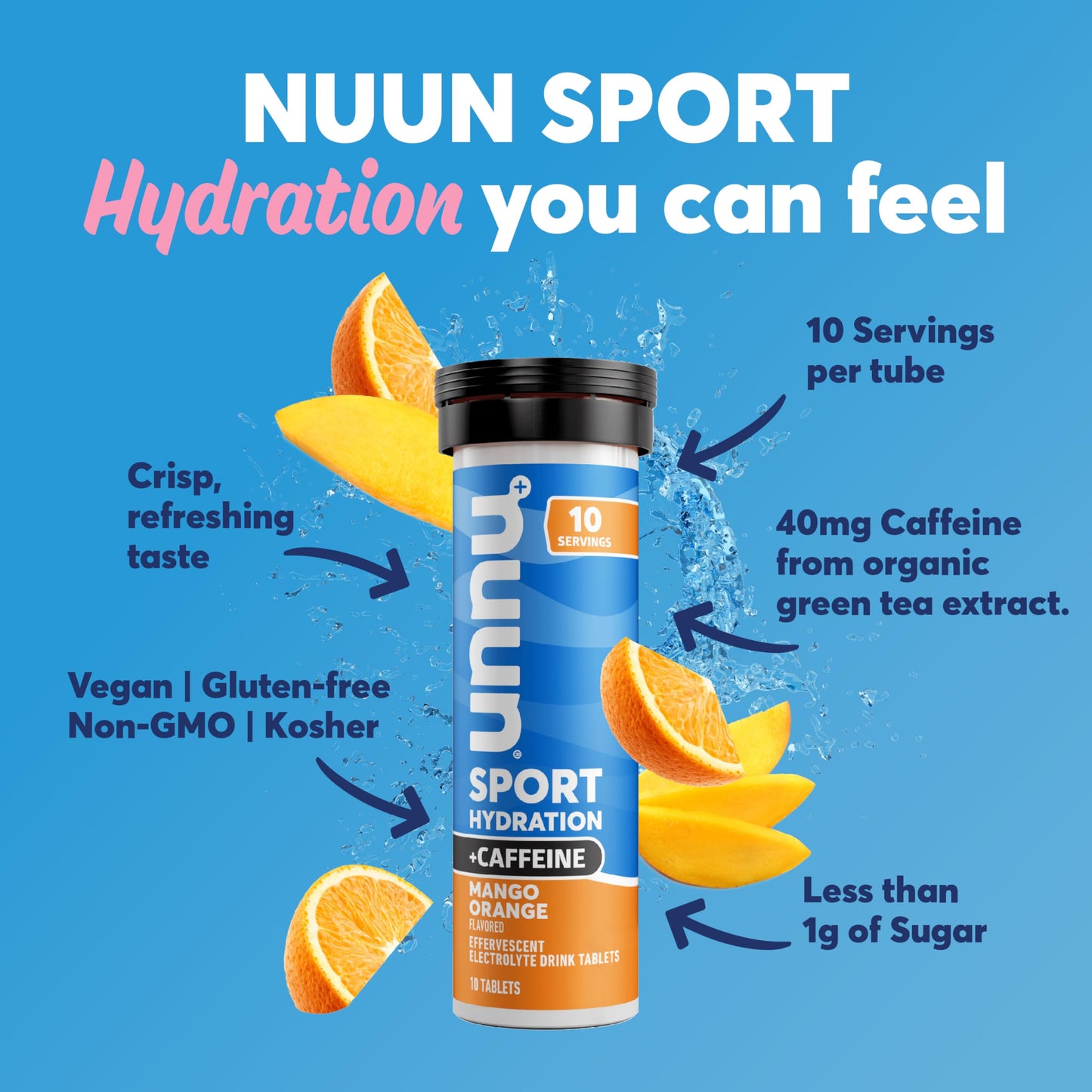 Nuun Sport Electrolyte Tablets with Caffeine from Green Tea Extract, Magnesium, Calcium, Potassium, Chloride & Sodium, Gluten Free & Vegan, Mango Orange, 8 Pack (80 Servings Total)