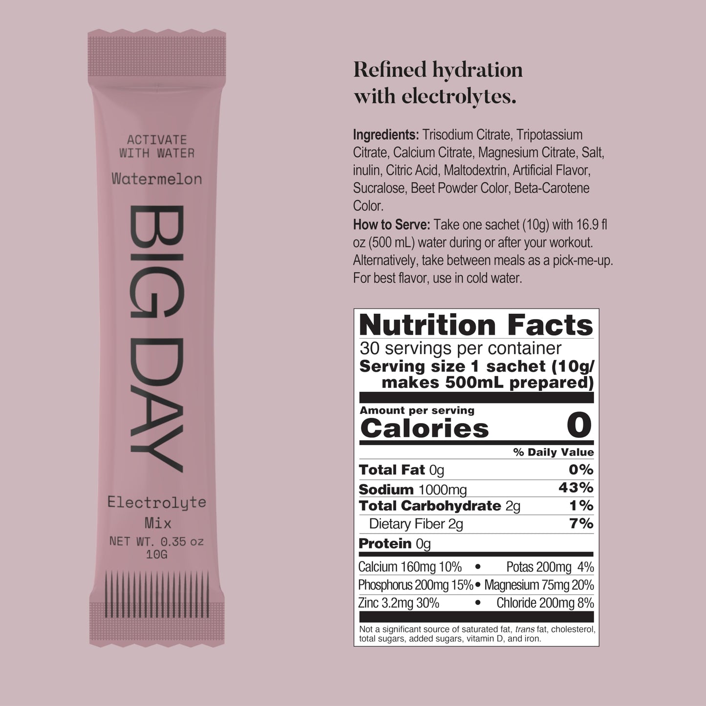 Big Day - Hydration Sachets | Sugar-Free Electrolytes Powder for Peak Performance | 30-pack of 10g sachets | Science-Backed Recovery Drink - Watermelon Flavor