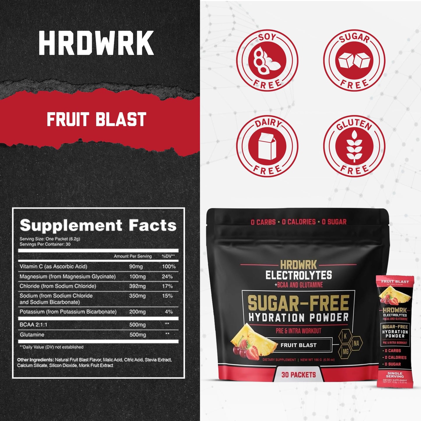 HRDWRK Electrolytes Powder Packets with Magnesium, Potassium Sodium, Keto Hydration Packets - BCAA Electrolyte Powder Packets with Glutamine, 30 Electrolytes Powder Packets Sugar Free (Fruit Blast)