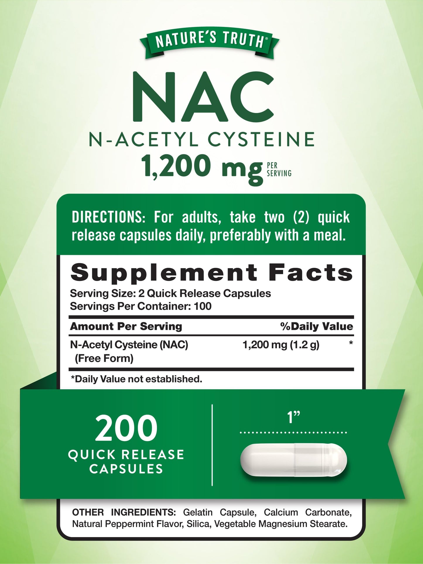 Nature's Truth NAC N-Acetyl Cysteine | 1,200mg | 200 Capsules | Free Form Amino Acid | Non-GMO & Gluten Free Supplement