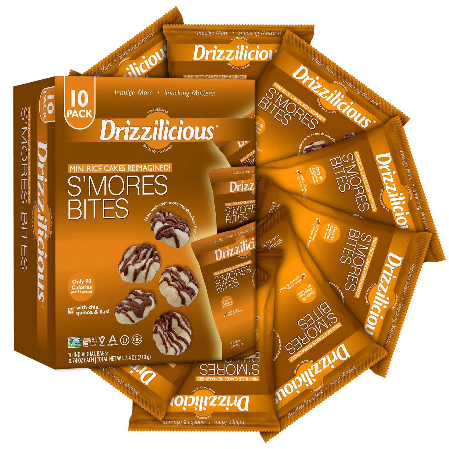 Drizzilicious Smores 10 Pack  Mini Snack Chocolatey Rice Cakes  Vegan Air Popped Chia Quinoa Flax Smore Snacks