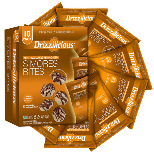 Drizzilicious Smores 10 Pack  Mini Snack Chocolatey Rice Cakes  Vegan Air Popped Chia Quinoa Flax Smore Snacks