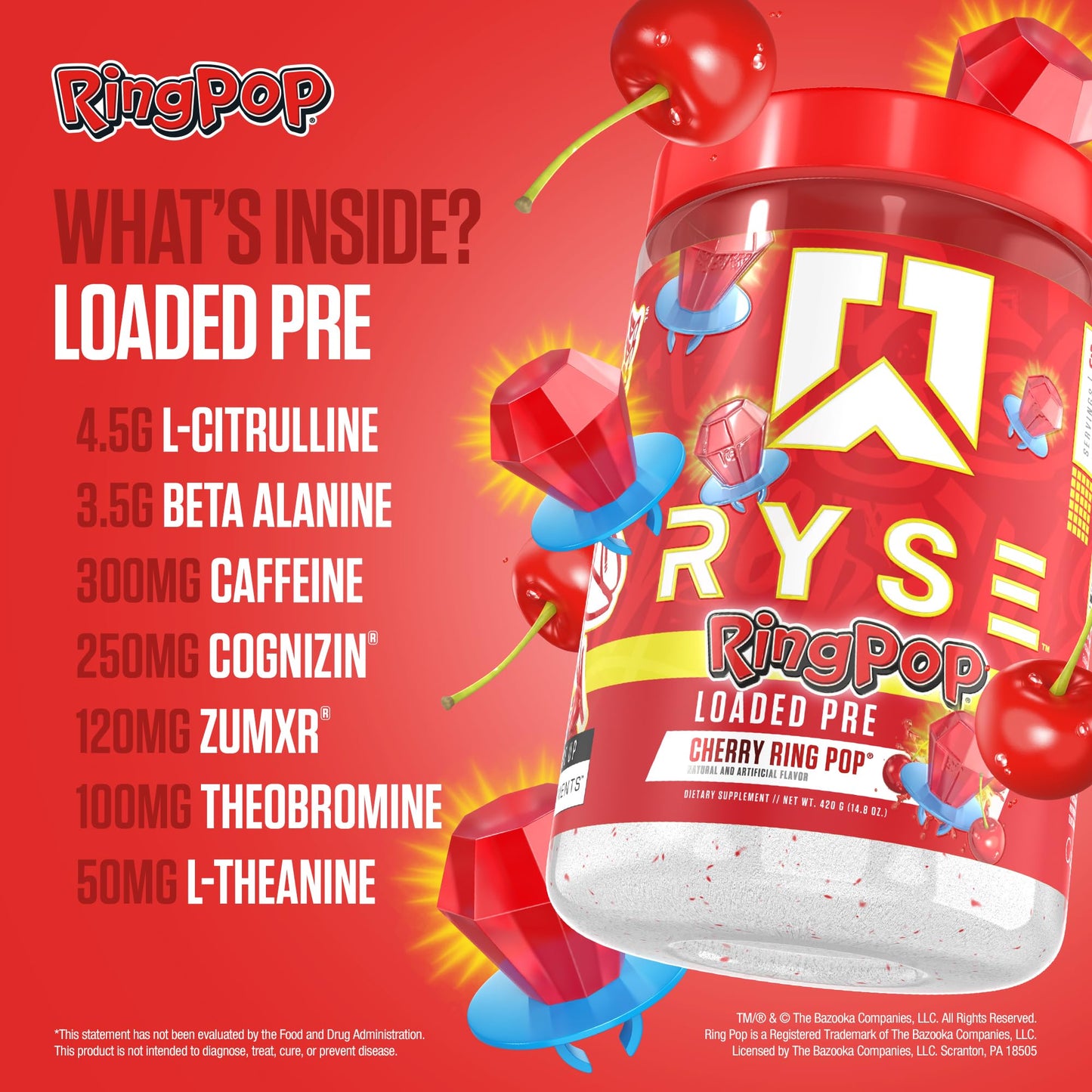 Ryse Loaded Pre Workout Powder Supplement for Men & Women | Pumps, Energy, Focus | Beta Alanine + Citrulline | 390mg Caffeine | 30 Servings (Ring Pop Cherry)