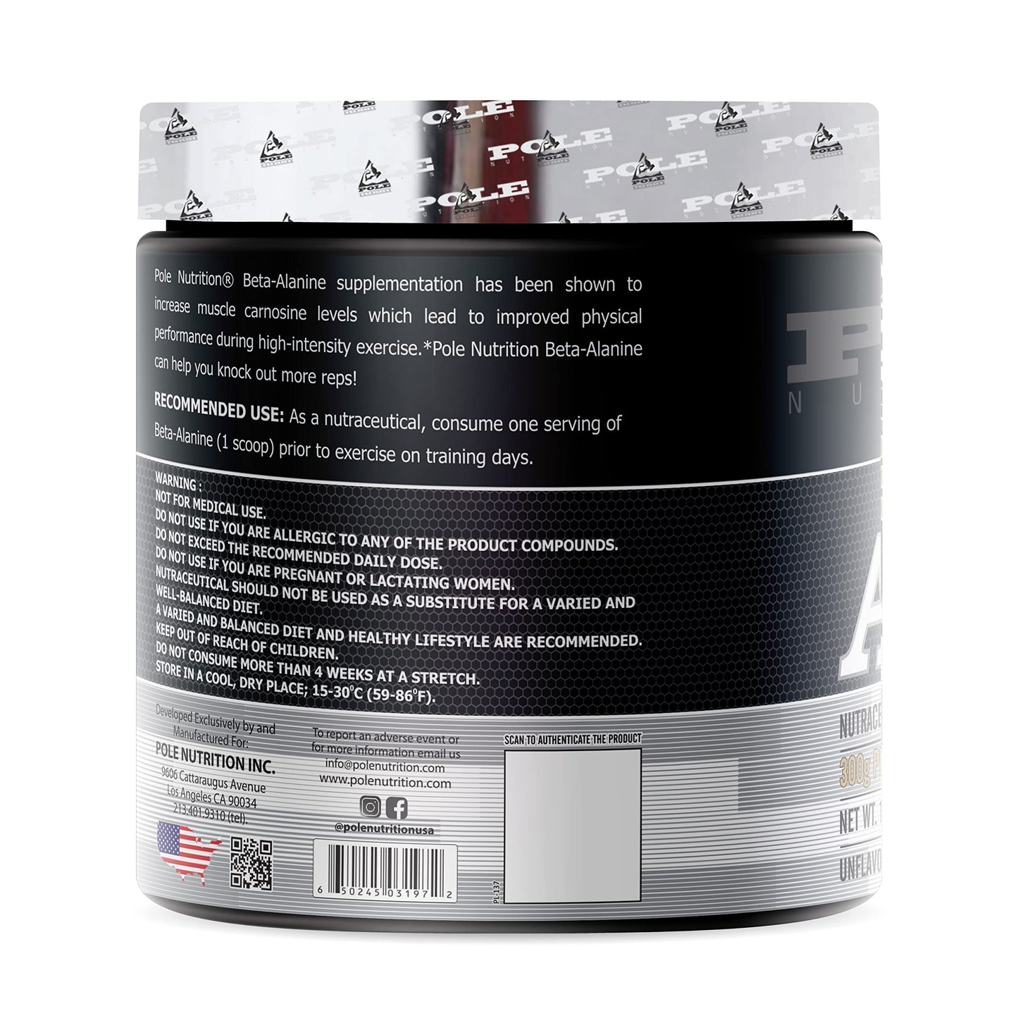 Pole Nutrition Beta-Alanine Unflavored, 300 Gram, 75 Serving