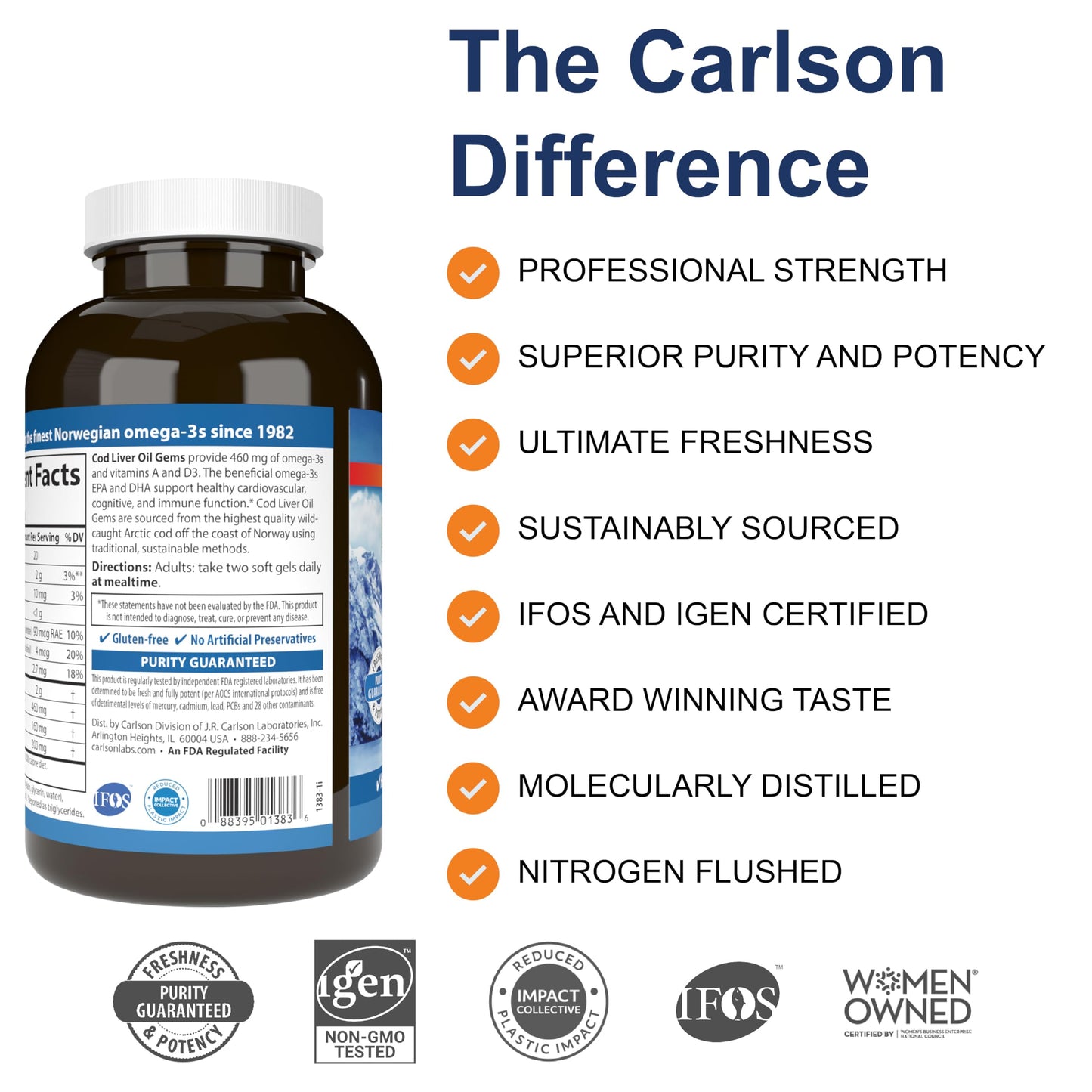 Carlson - Cod Liver Oil, 460 mg Omega-3s + Vitamins A & D3, Wild-Caught Norwegian Arctic Cod-Liver Oil, Sustainably Sourced Nordic Fish Oil Capsules, Lemon, 300 Softgels
