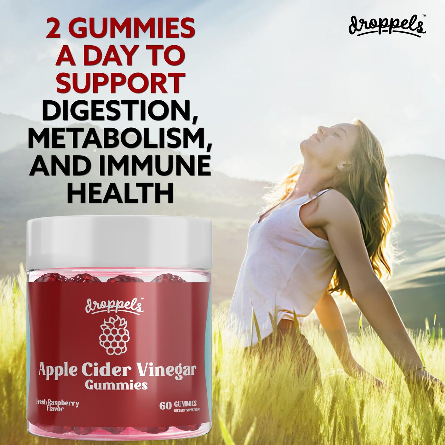 Droppels Apple Cider Vinegar Gummies 1000mg with Beet Root & Pomegranate | Non-GMO, Vegan-Friendly, Gluten Free | Supports Digestion, Metabolism, Energy & Immune Health | Raspberry Flavor