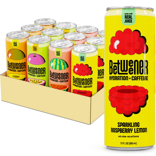 Betweener Sparkling Energy Sparkling Water wReal Juice  100mg Caffeine Light  Refreshing LTheanine for Focus Vitamins BC  Low Sugar  45 Cals  Variety Pack 12 Pack