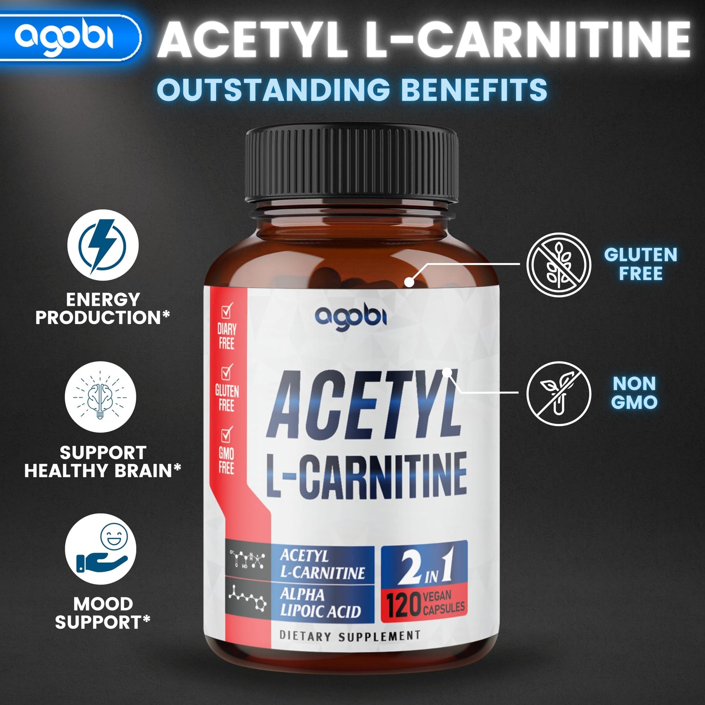 agobi Acetyl L-Carnitine & Alpha Lipoic Acid Complex 1500mg - Supplement for Brain Health, Memory, Focus & Mood Support - 120 Vegan Capsules for 2 Month Supply - Gluten-Free, Non-GMO