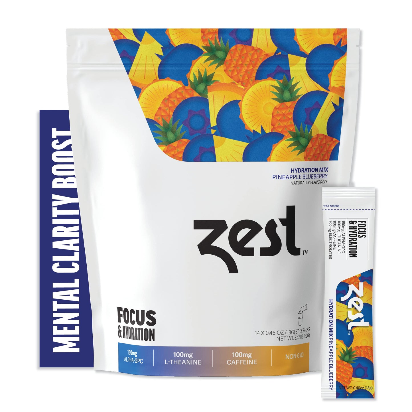 Zest Caffeine, L-Theanine, & Alpha GPC - Focus & Electrolyte Hydration Powder - Pineapple Blueberry - Mix w/Water - 14 Packets - Nootropic Brain Booster Supplement Drink - Low Sugar Liquid Enhancer