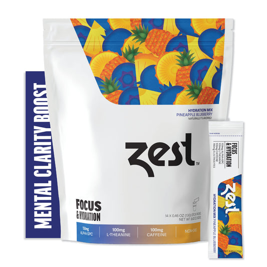 Zest Caffeine, L-Theanine, & Alpha GPC - Focus & Electrolyte Hydration Powder - Pineapple Blueberry - Mix w/Water - 14 Packets - Nootropic Brain Booster Supplement Drink - Low Sugar Liquid Enhancer