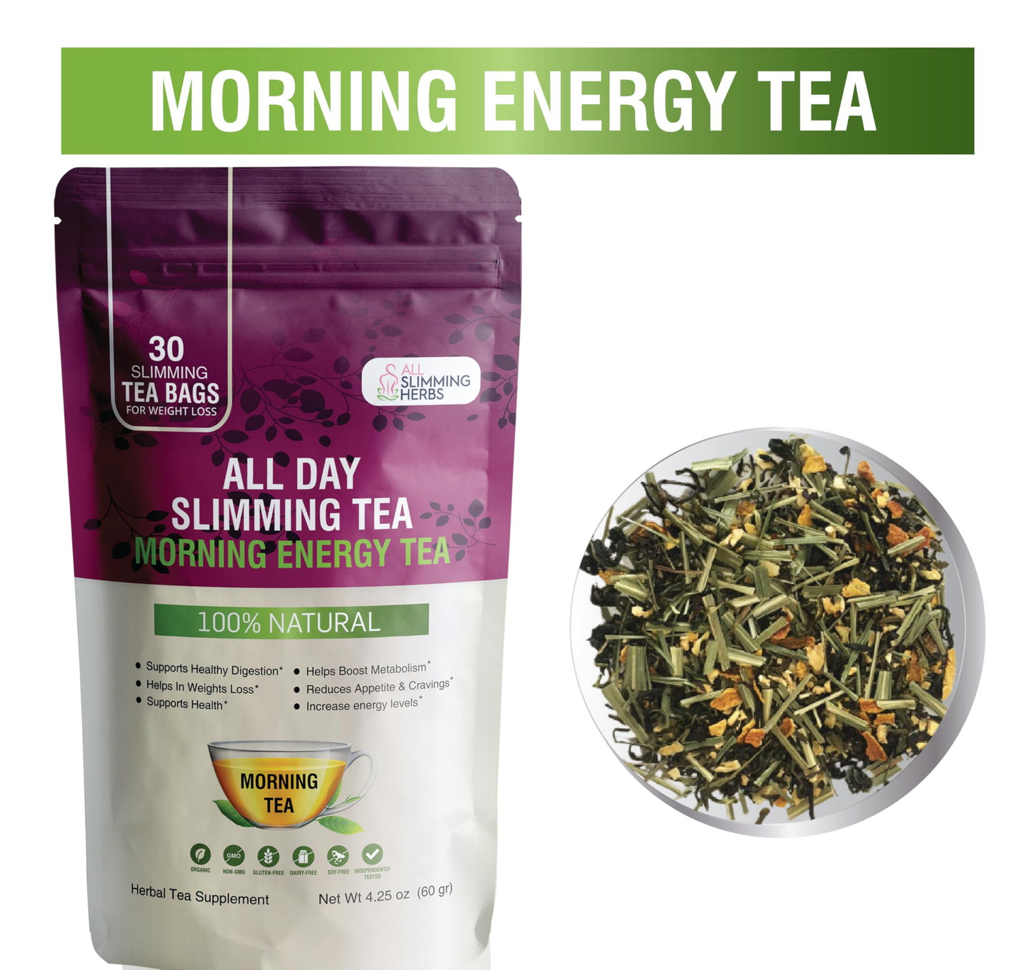 All Day Slimming Tea For Daytime - 30 Days Supply - Boosts Metabolism & Skyrockets Energy Level