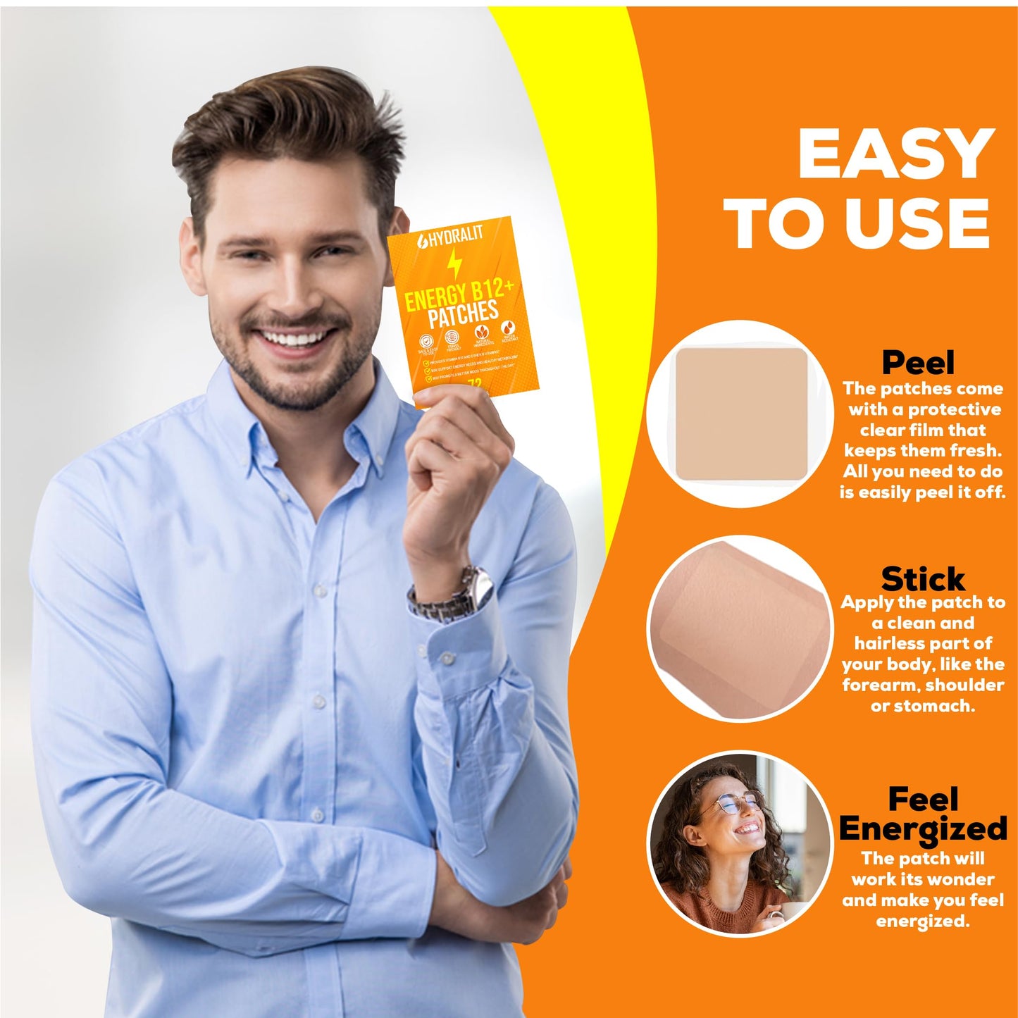 Hydralit Energy Patch for Adults Men Women Topical Daily Wellness Awake B12 Patches Sustained Natural Ingredients Boost Time-Released Formula Long-Lasting Skin Travel Friendly 72 Pack