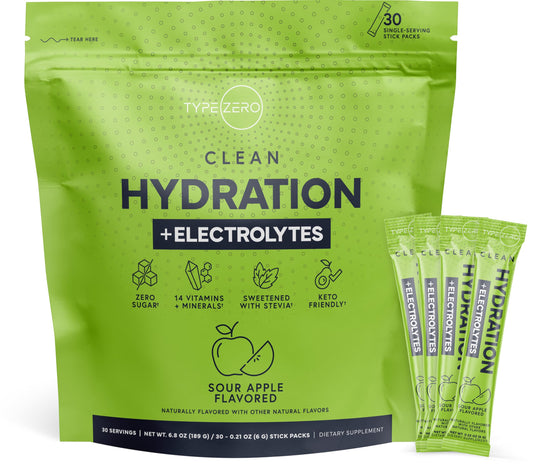 Type Zero Clean Hydration + Electrolytes Drink Mix (30 Single-Serving Packets) (Sour Apple Flavored) - Advanced Hydration for Any Occasion