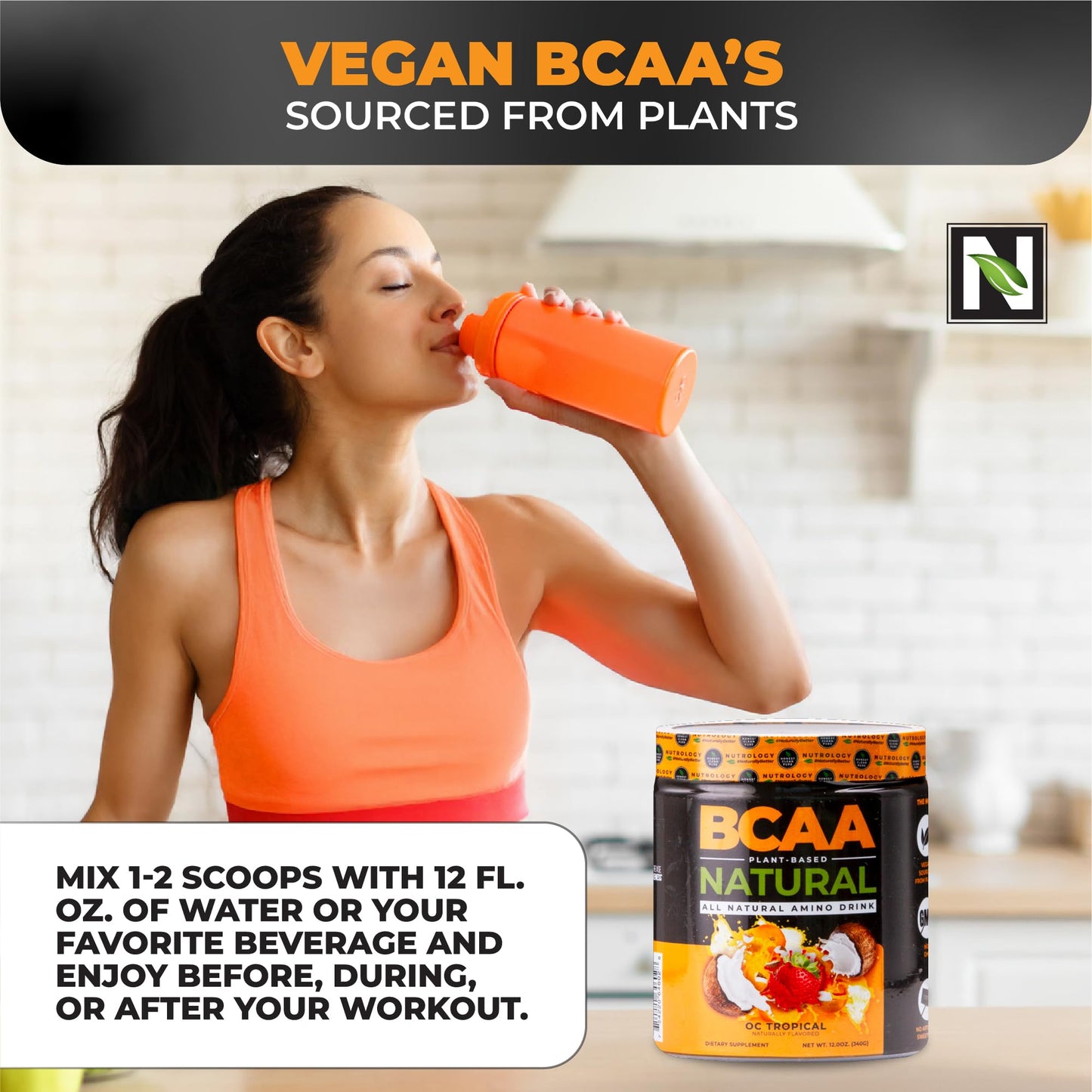 Nutrology BCAA Natural - Plant Based BCAA Powder, Orange Coconut Flavor, Optimized 2:1:1 Ratio Amino Acids Powder for Pre Workout & Post Workout Recovery, Vegan, Gluten-Free, Non-GMO, 30 Servings