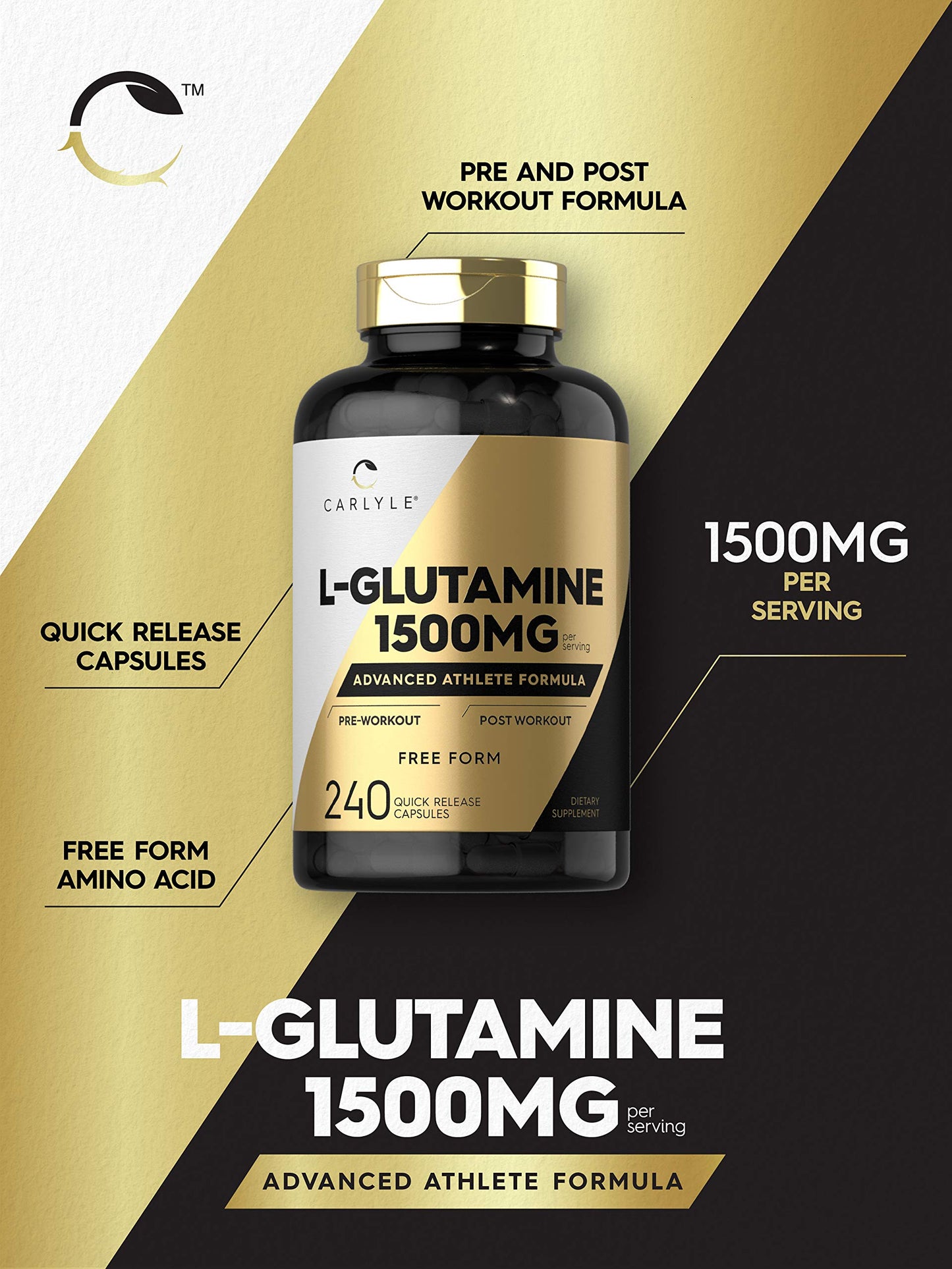 Carlyle L Glutamine Capsules | 1500mg | 240 Powder Pills | Athlete Supplement | Pre and Post Workout Formula | Non-GMO, Gluten Free
