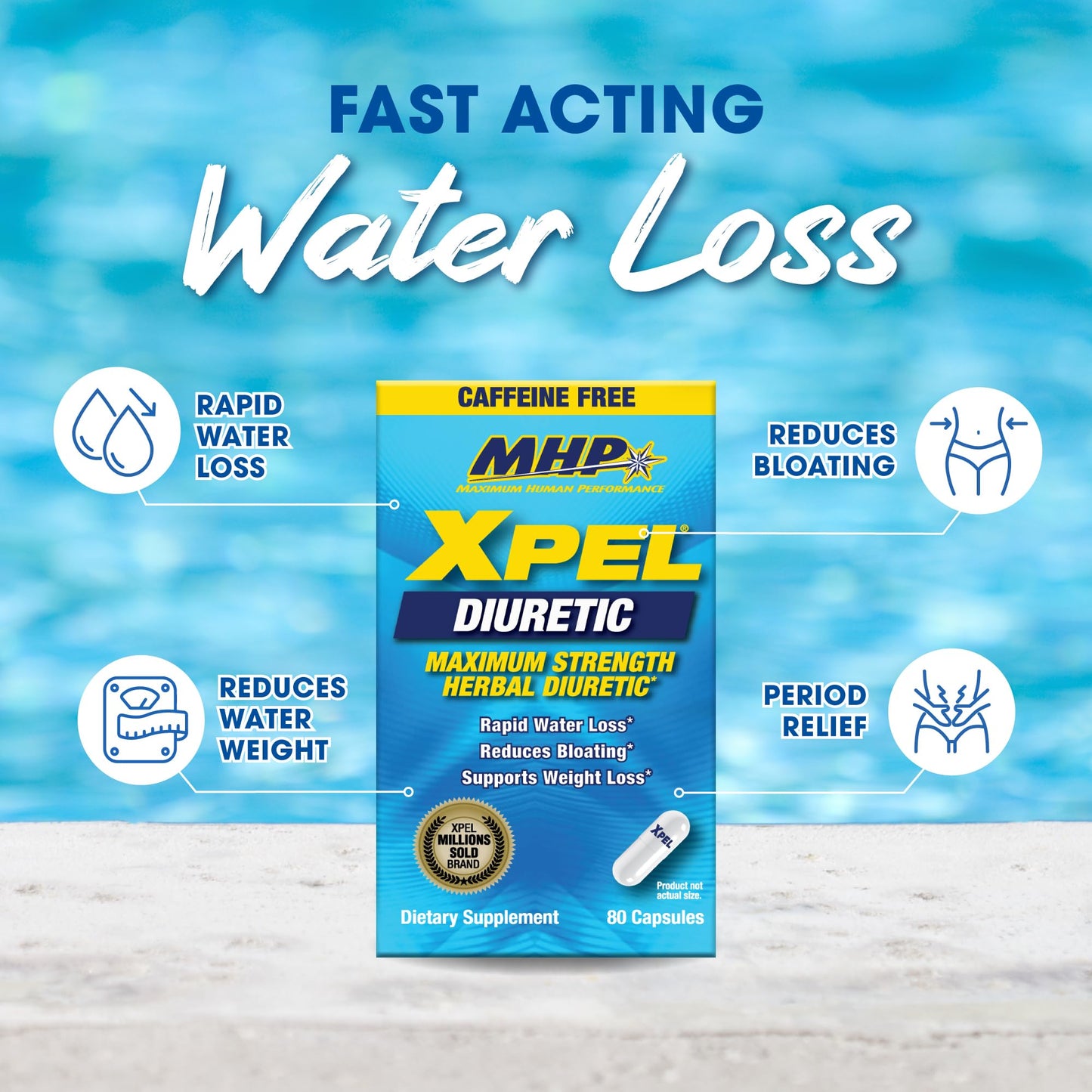 MHP Xpel Maximum Strength Diuretic Water Pills, for Water Retention Relief, Caffeine-Free with Vitamin B-6 Potassium Dandelion Root, 80 Capsules