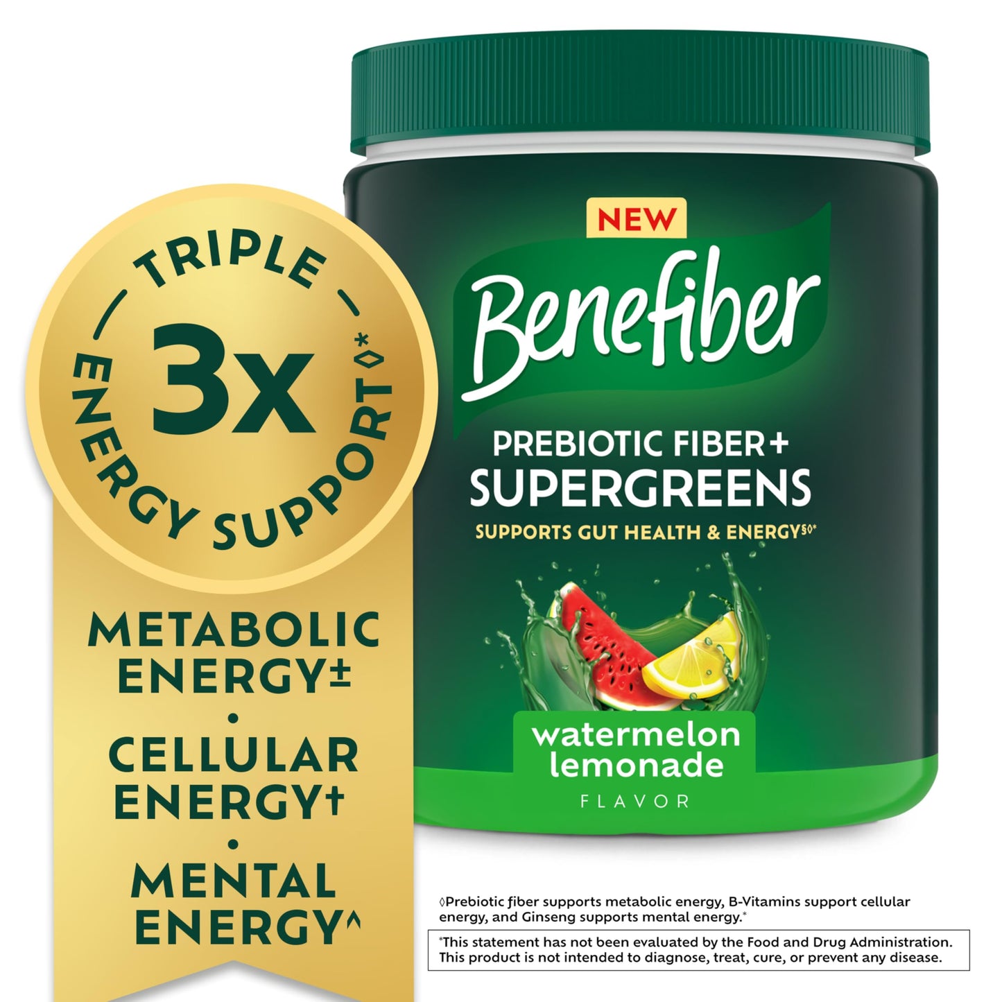Benefiber Prebiotic Fiber + Supergreens Dietary Supplement Powder, Watermelon Lemonade Flavor, 8.8 oz (250g), 25 Day Supply