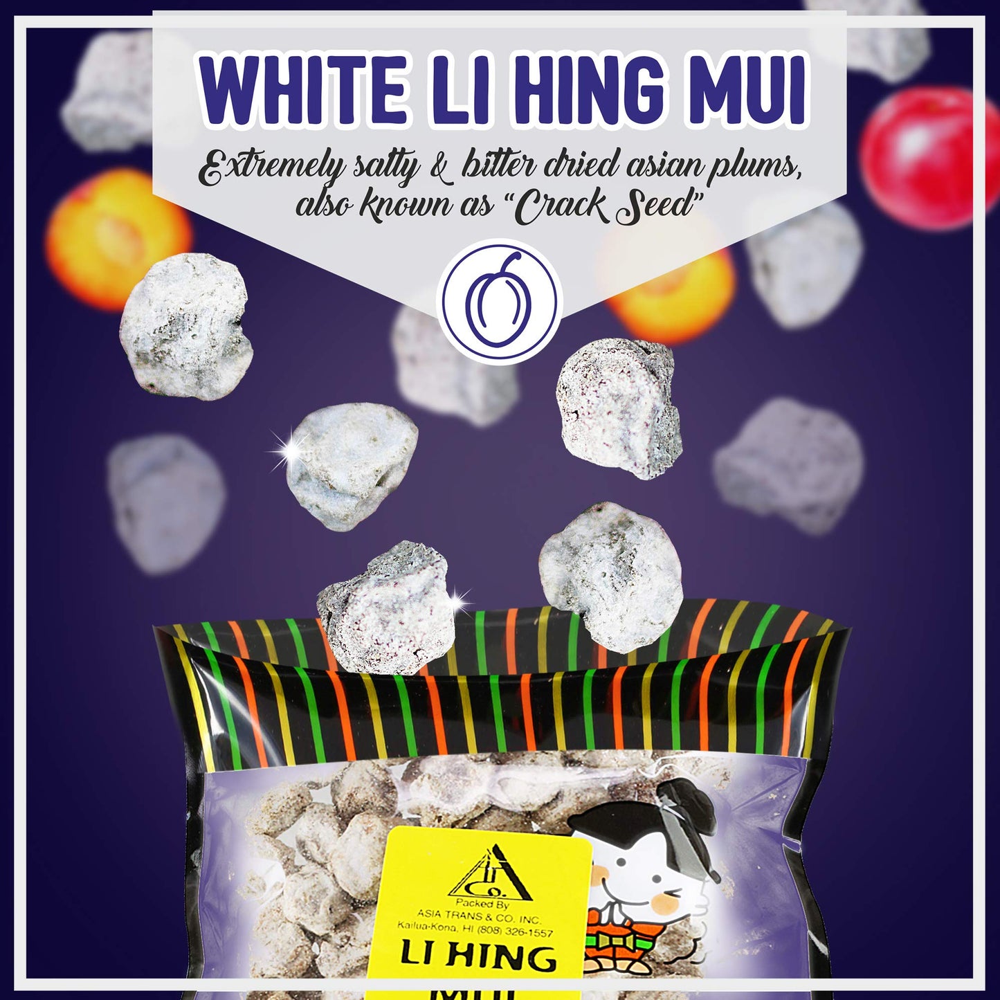 Asia Trans Seeded White Li Hing Mui Crack Seed Plums  Hawaiian Favorite  Salty Sour  Bitter Dried Asian Plum Candy
