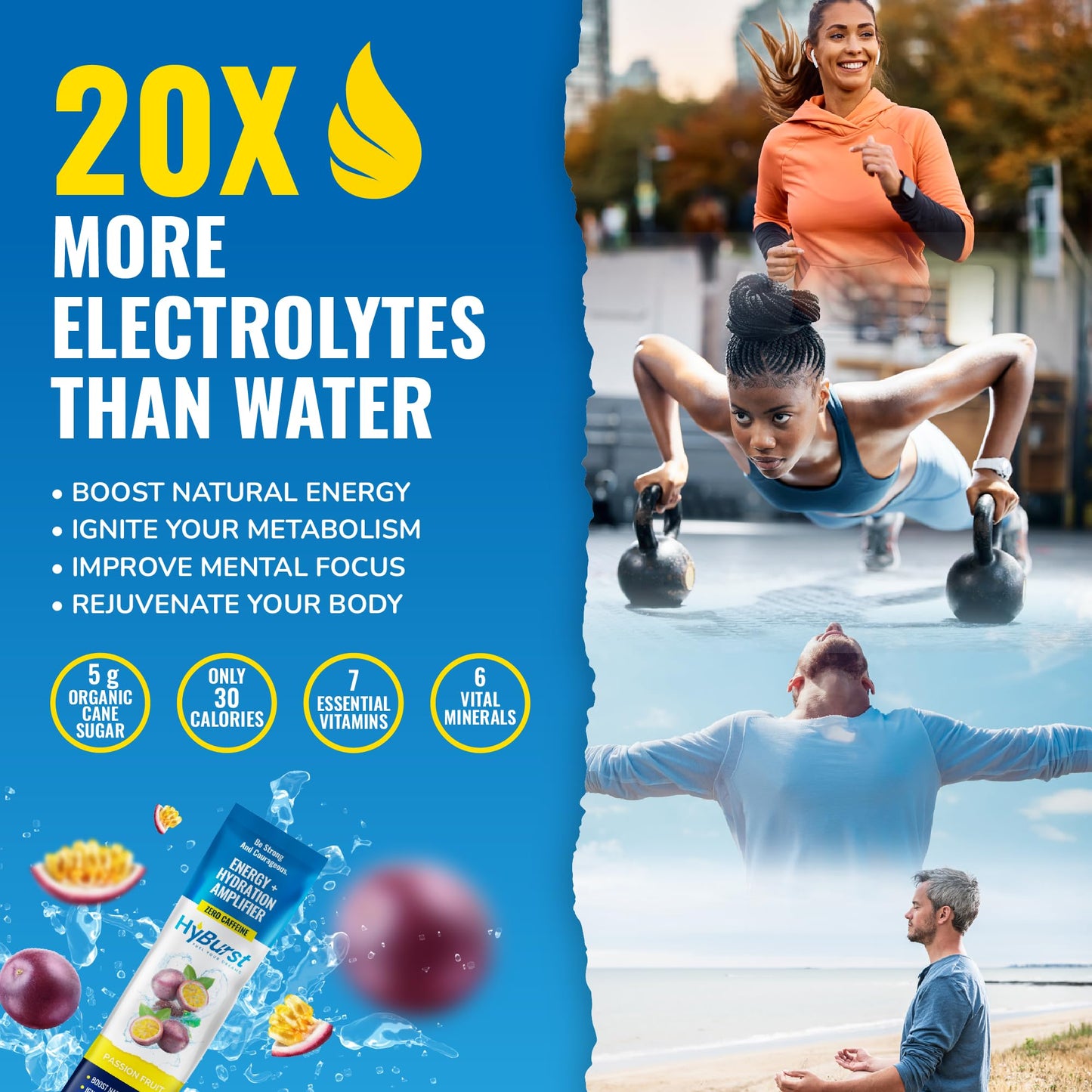 Hyburst Energy + Hydration Amplifier - Multivitamin Electrolyte Powder Packets with Vitamins D3 K2 & B6 B12 | L-Theanine, Cane Sugar, Caffeine Free Energy Drink Powder | Variety Pack, 15 Pack