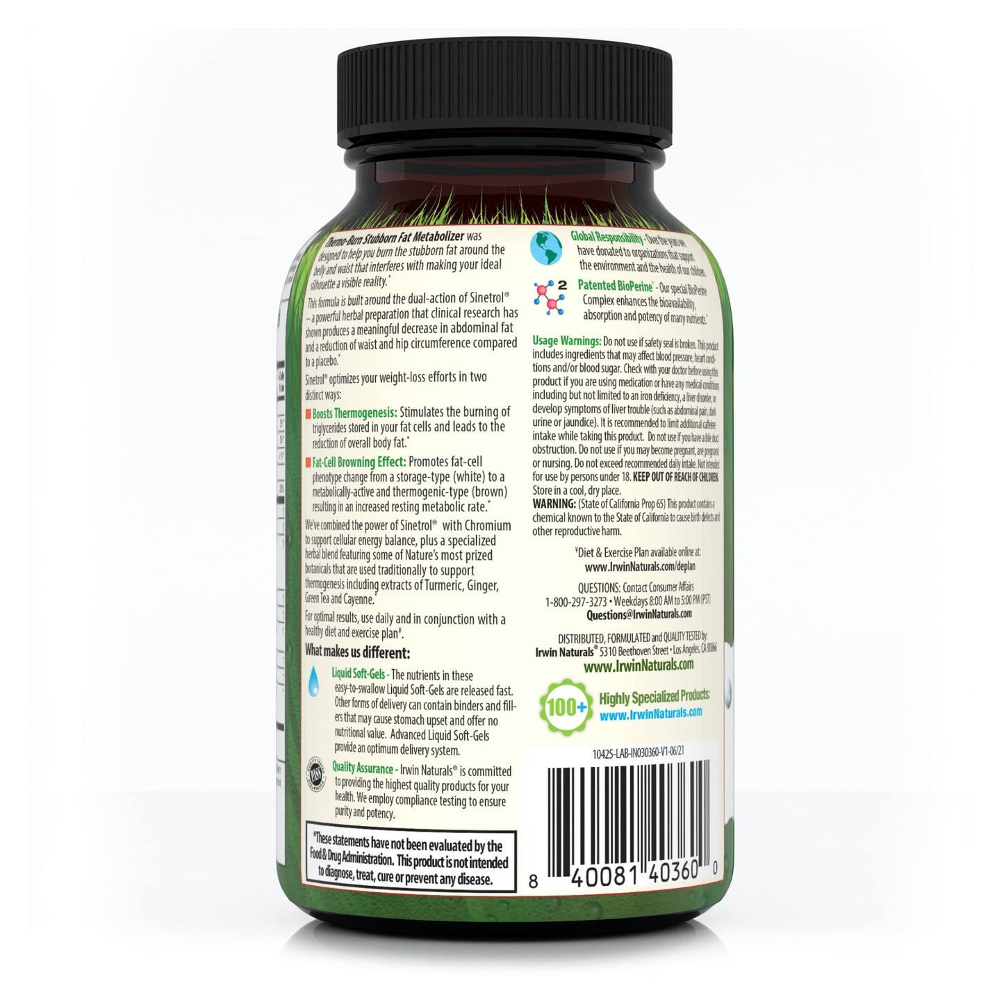 Irwin Naturals Thermo-Burn Stubborn Fat Metabolizer - 60 Liquid Soft-Gels - Combines Green Tea Extract (EGCG), MCT Oil & Caffeine - 20 Servings