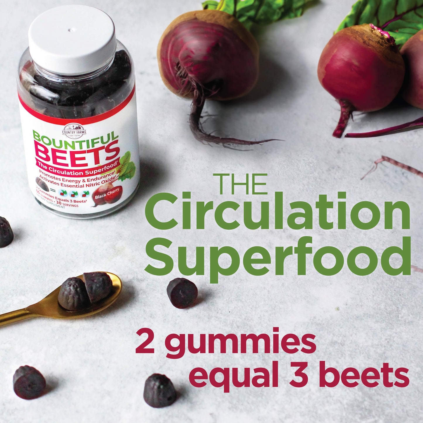 COUNTRY FARMS Bountiful Beets Gummies, Circulation Superfood, Promotes Energy and Endurance, Nitric Oxide Booster, 60 Servings, White, 120 Count, 2 Pack