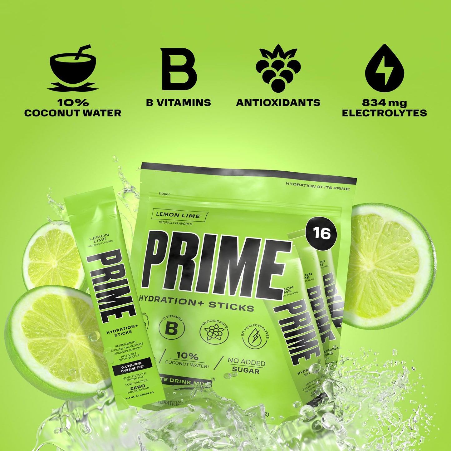 PRIME HYDRATION+ Sticks Lemon Lime | Hydration Powder Single Serve Sticks | Electrolyte Powder On The Go | Low Sugar | Caffeine-Free | Vegan | 48 Sticks