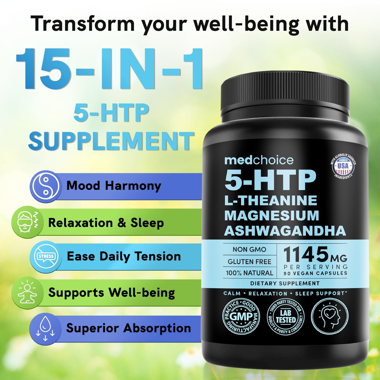 15-in-1 Mood Support Supplement - 5HTP 200mg Capsules with L-Theanine, Magnesium, Ashwagandha, GABA Supplements, 5 HTP Supplements with St. John's Wort and L-Tryptophan - 1145mg (90 Count, Pack of 2)