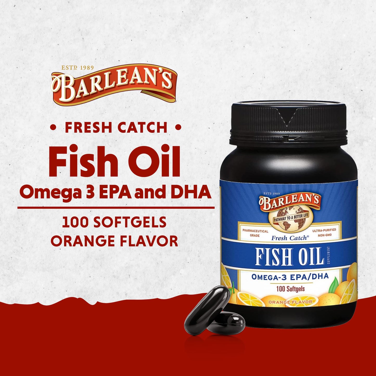 Barlean's Fish Oil Omega 3 Supplement, EPA and DHA Fatty Acid Softgels, 1000mg Orange Flavored Fish Oil Pills, 100 Count