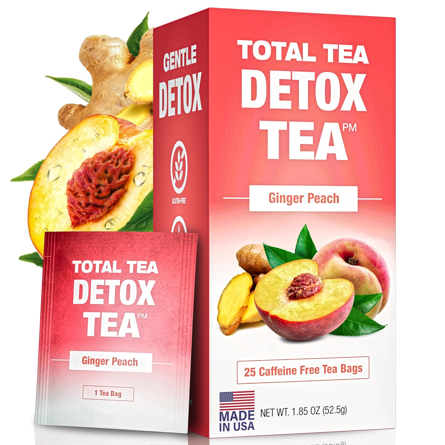 Total Tea SIimming Detox Tea Caffeine Free - 25 Day Detox Tea - Herbal SIim Tea with Chamomile, Hibiscus Tea & Ginger Root for Colon Cleanse - Natural Herbal Ginger & Peach Tea for Digestive Health (25-Pack, Ginger & Peach)