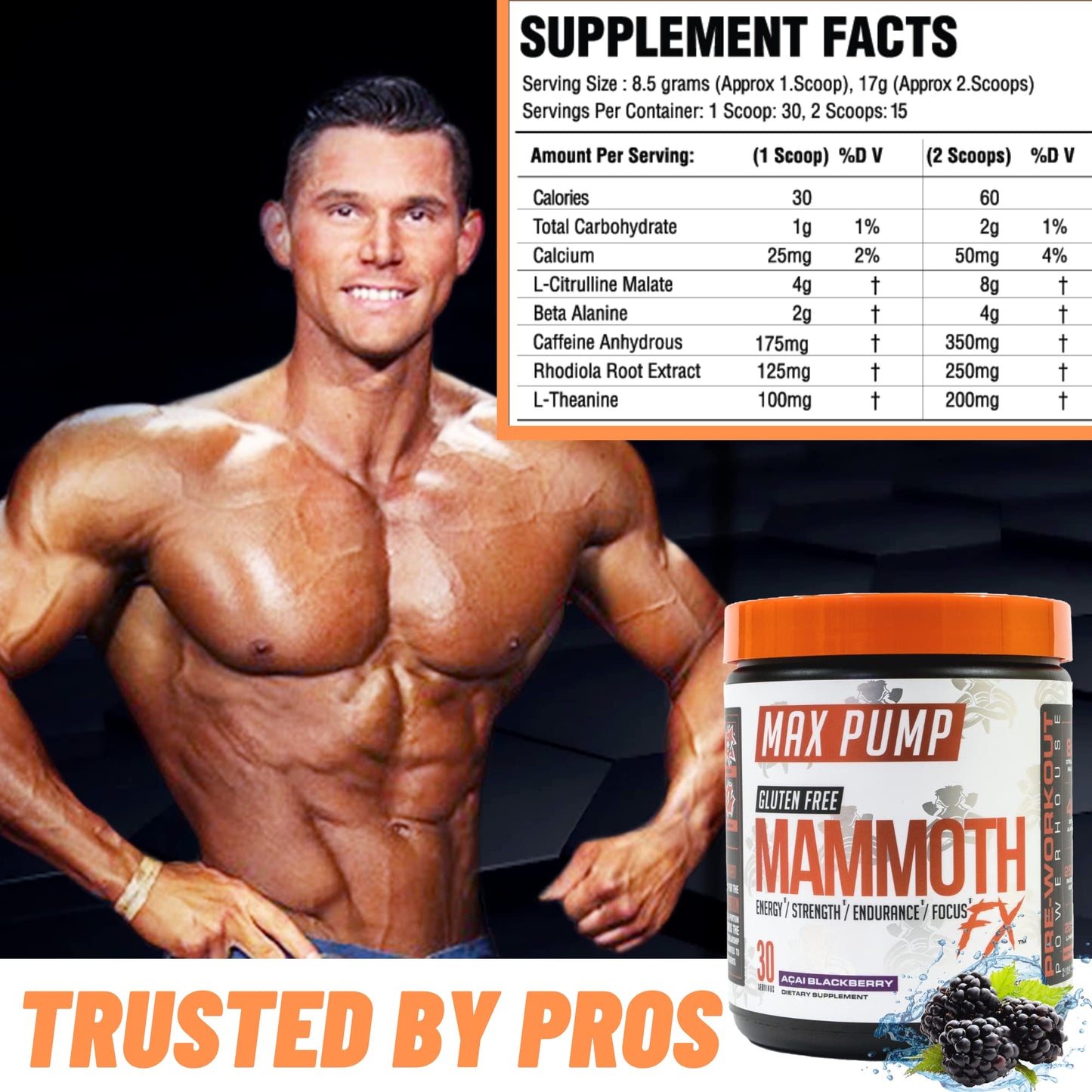 Mammoth Labs Pump Pre Workout- 30 Servings | Explosive Energy & Focus with Nitric Oxide Boosters- Build Muscle & Increase Endurance| Sugar Free, Natural Gluten Free Energy for Men & Women