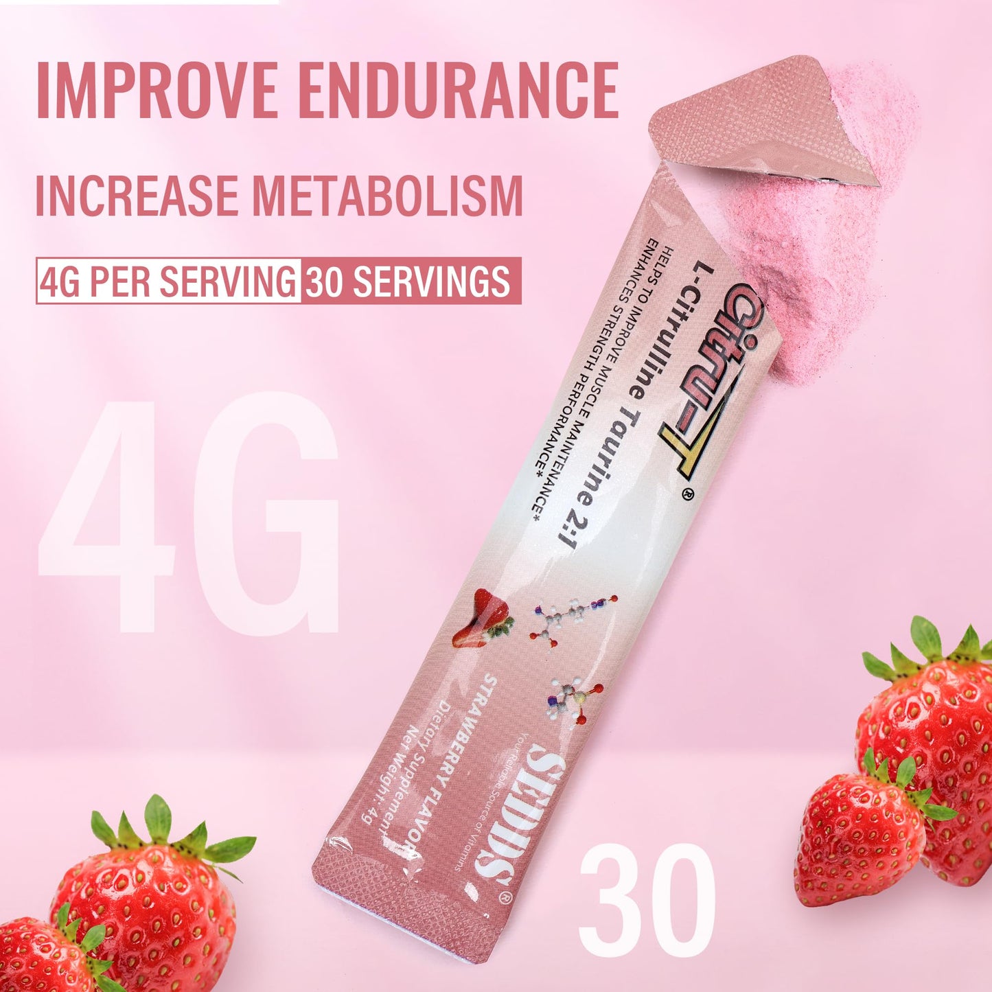 SEDDS L-Citrulline Taurine 2:1, Strawberry-Flavored L Citrulline Powder Citrulline Supplements, Vegan Taurine Powder, Caffeine Free, Gluten Free, 30 Pack