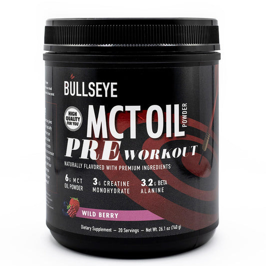 Bullseye MCT Oil Pre Workout Supplement - Creatine Monohydrate, Medium Chain Triglycerides, Beta Alanine, Caffeine, L-Citrulline, Muscle Gainer, Focus, Endurance, Energy -20 Servings - Wild Berry