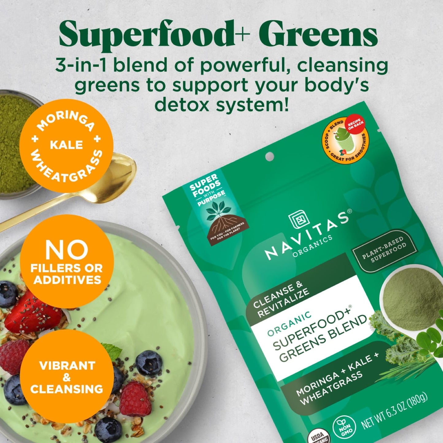 Navitas Organics Superfood+ Greens Blend for Detox Support (Moringa + Kale + Wheatgrass), 6.3oz Bag, 30 Servings - Organic, Non-GMO, Vegan, Gluten-Free, Keto & Paleo.…
