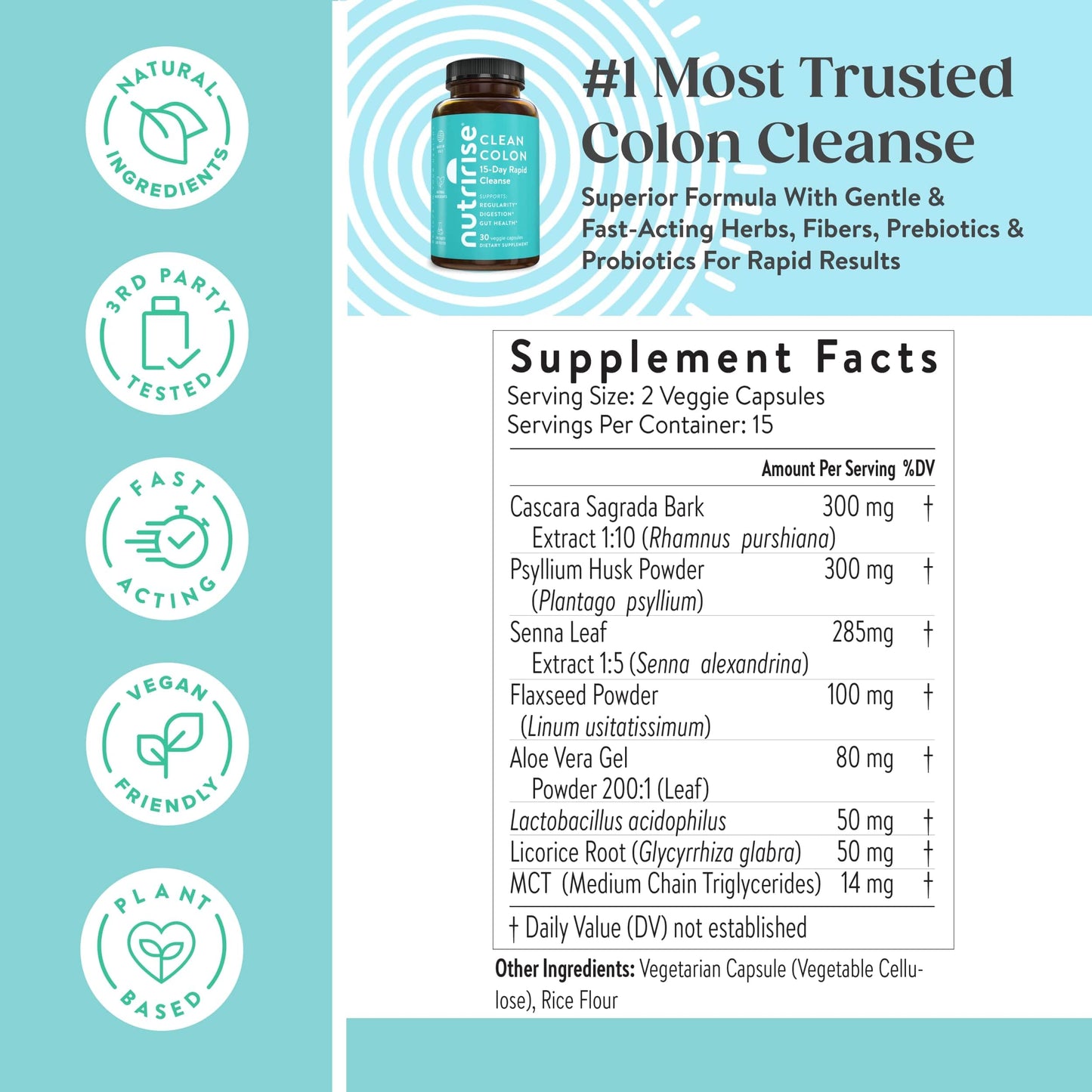 NutriRise 15 Day Quick Colon Cleanse for Gut Health - Digestive Support with Probiotics & Fiber for Constipation, Regularity & Bloating, Sugar & Gluten Free
