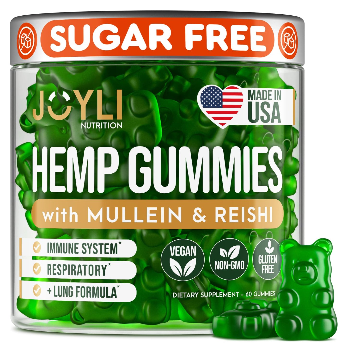 JOYLI Hemp Gummies - Natural Lung Cleanse with Mullein Leaf & Reishi Mushroom - Extra Strength Clean Lung Support Supplement with Vitamins A, C, D & E - Sugar-Free, Vegan, Non-GMO - 60 Edibles