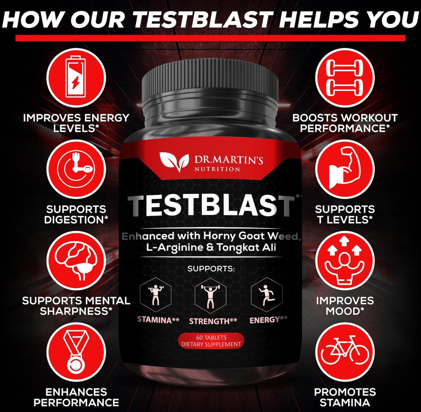 DR. MARTIN'S NUTRITION Extra Strength Testosterone Booster - Naturally Boost Your Stamina, Endurance, Strength & Energy for Men & Women - Burn Fat & Build Lean Muscle Mass Today