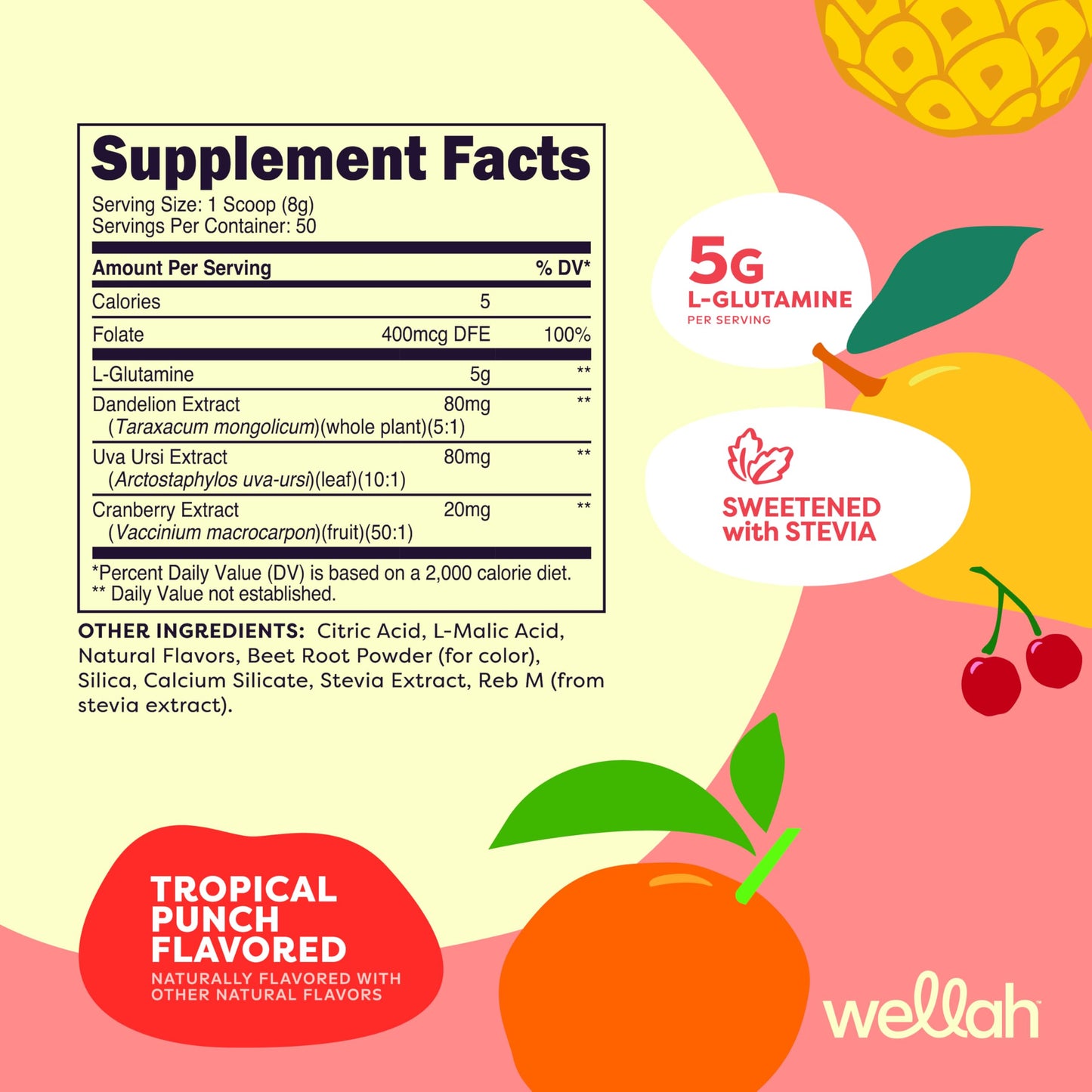 Wellah L-Glutamine Powder Tropical Punch (50 Servings) - 5g L-Glutamine Per Serving, Sweetened with Stevia