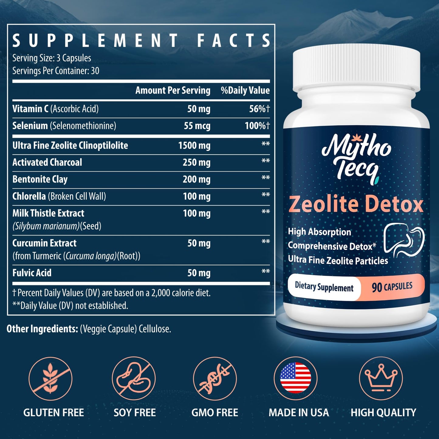 2300 MG Zeolite Detox Capsules - Activated Charcoal & Bentonite Clay, Highly Absorbable Full Body, Liver & Gut Cleanse, Zeolite Clinoptilolite for Heavy Metal Detox （90 Capsules）