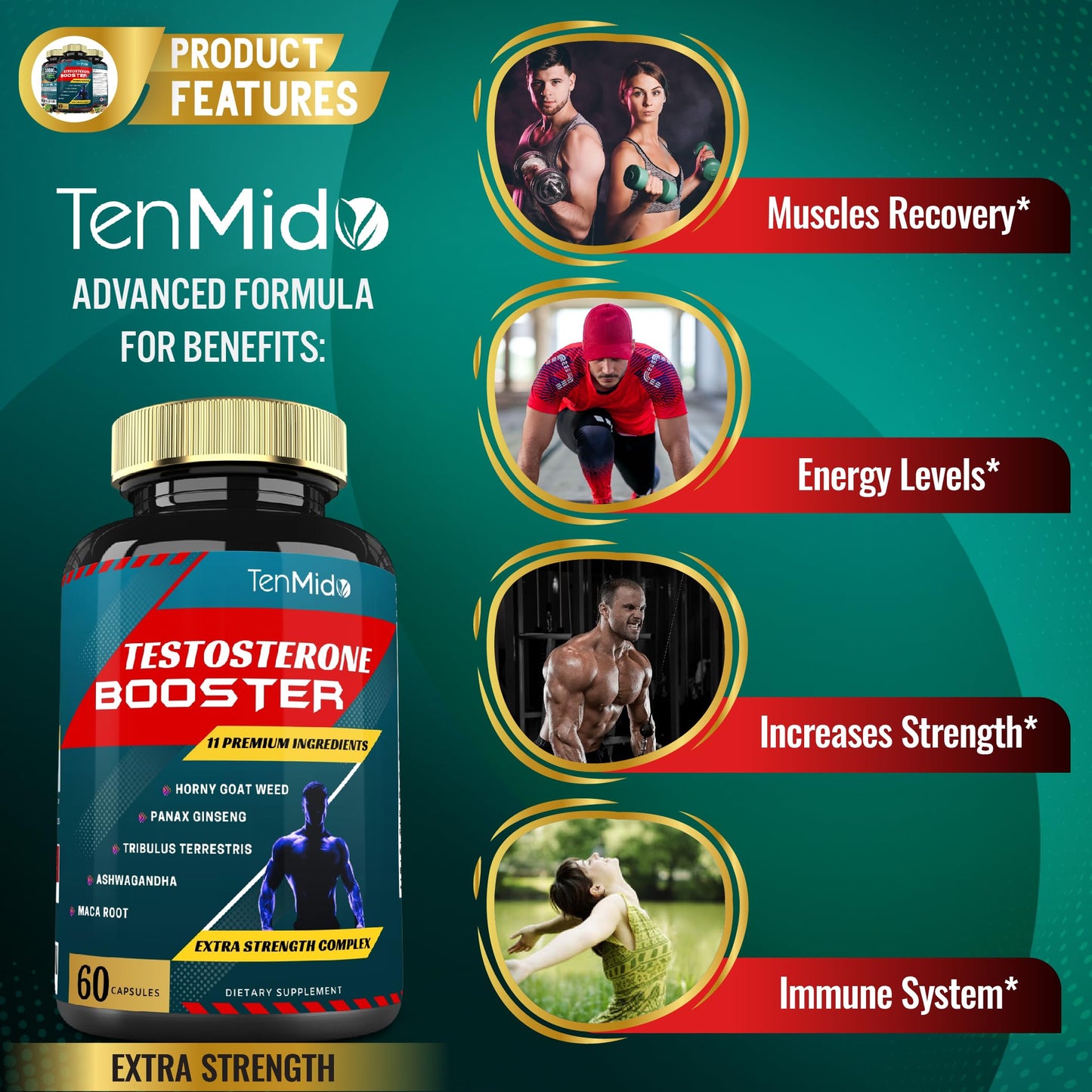 Tenmido 2 Packs of 60caps Testosterone Supplements Booster for Men - Natural Stamina, Endurance & Strength Supplement - Muscle Building Growth, Increasing Performance, Energy