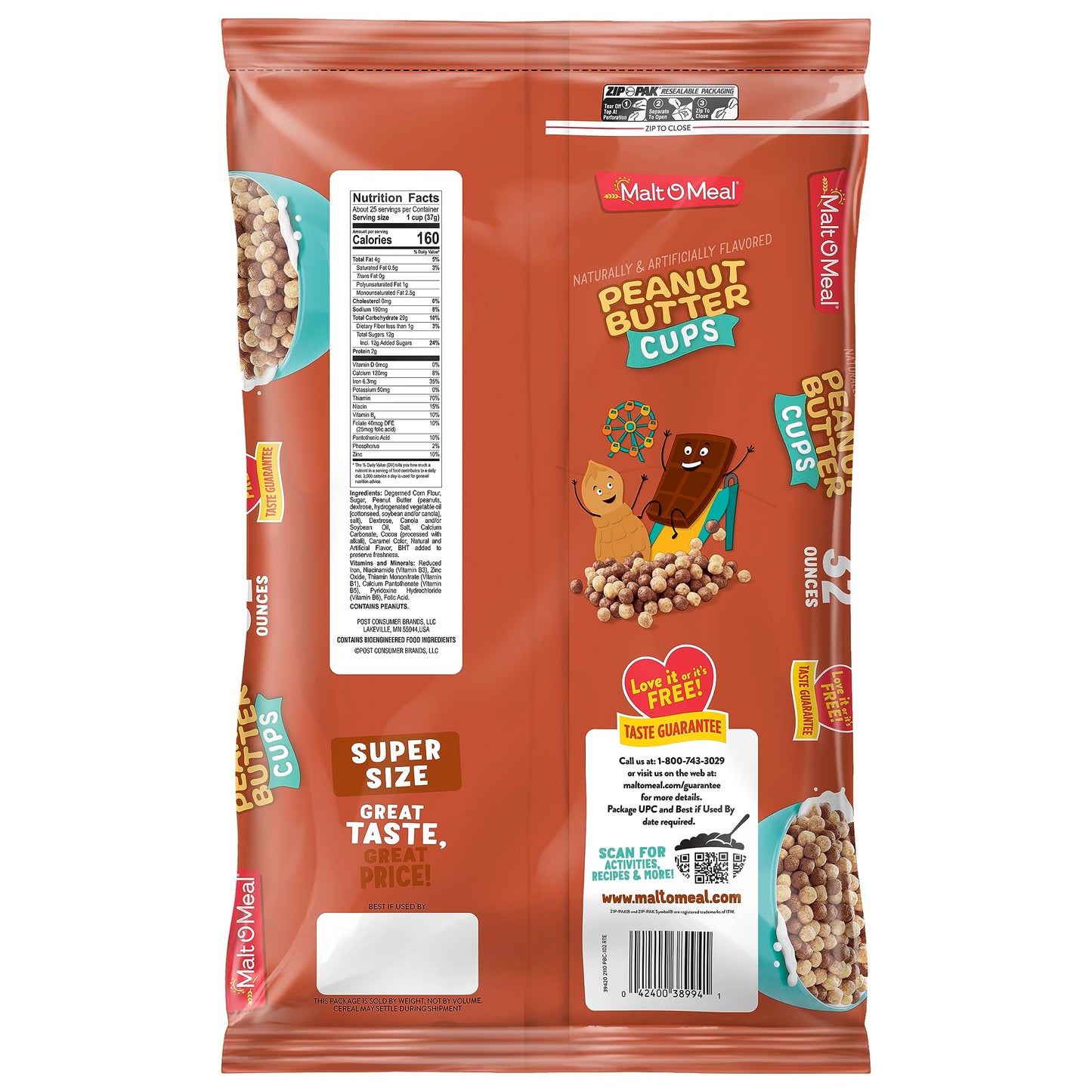 MaltOMeal Peanut Butter Cups Breakfast Cereal Cocoa and Peanut Butter Cereal Puffs Made with Real Cocoa and Peanut Butter Large Cereal for Family 39 OZ Resealable Cereal Bag
