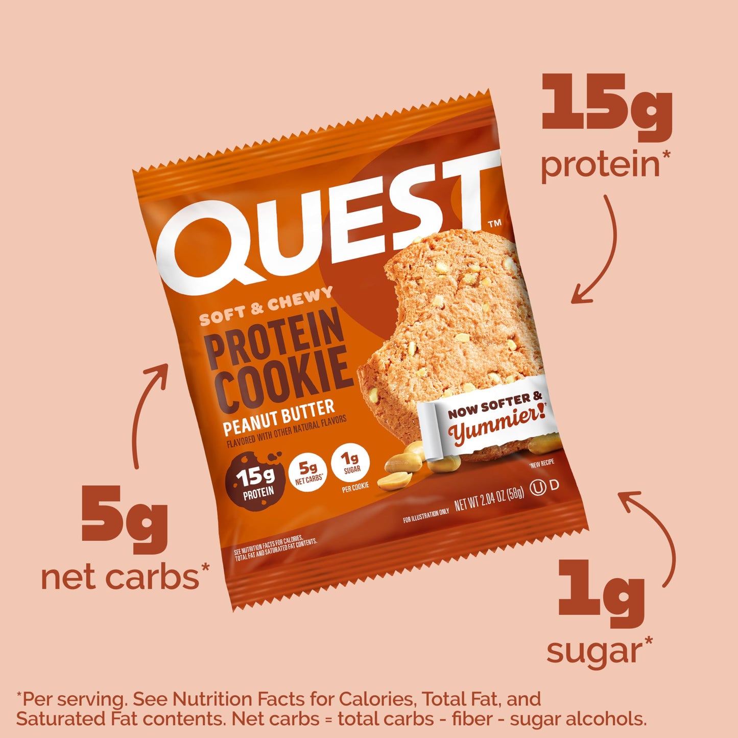 Quest Nutrition Peanut Butter Protein Cookie, 15g Protein, 1g Sugar, 5g Net Carbs, Keto Friendly, High Protein, Low Carb; 4 Count