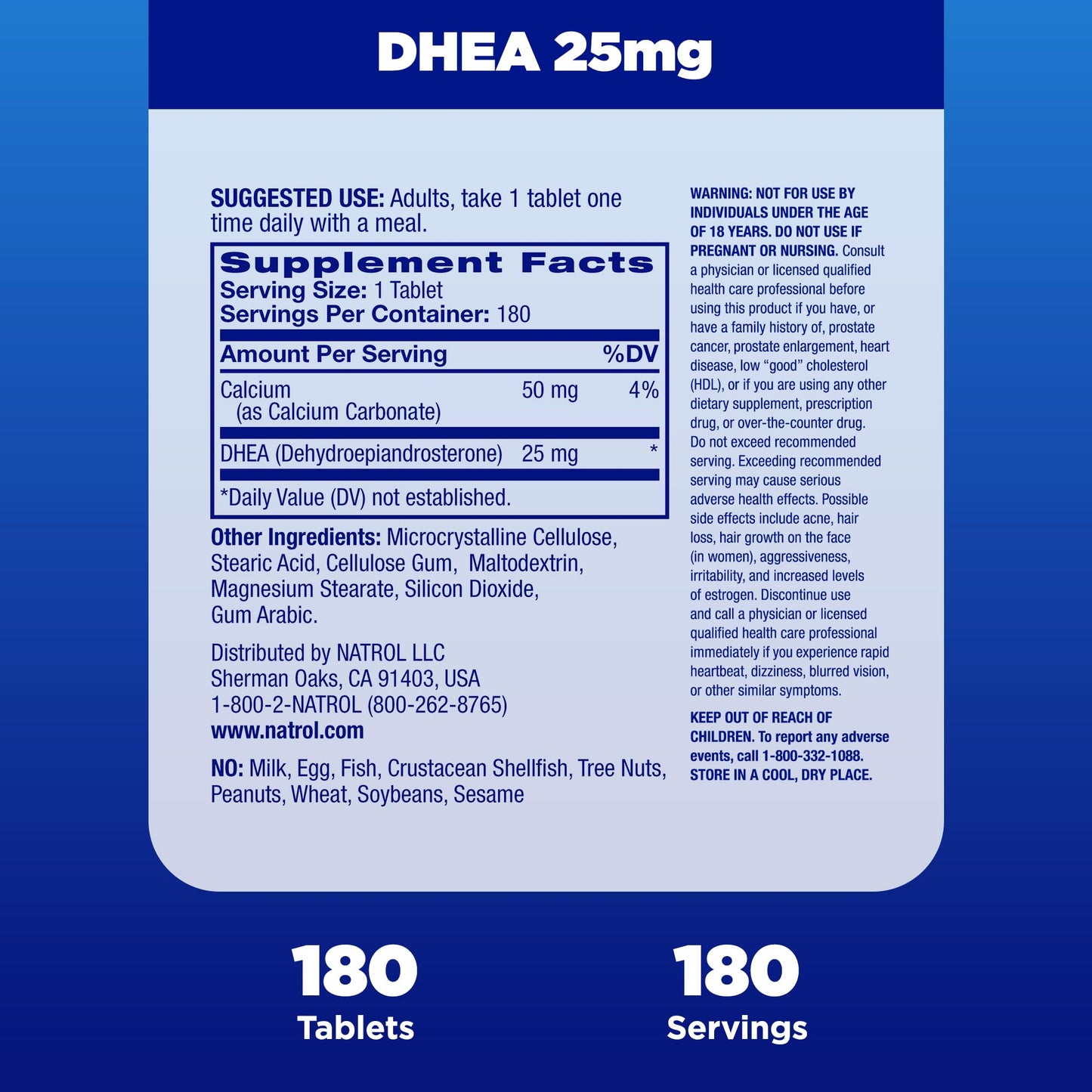 Natrol Mood & Stress DHEA 25mg With Calcium, Dietary Supplement for Balance of Certain Hormone Level and Mood Support, 180 Tablets, 180 Day Supply