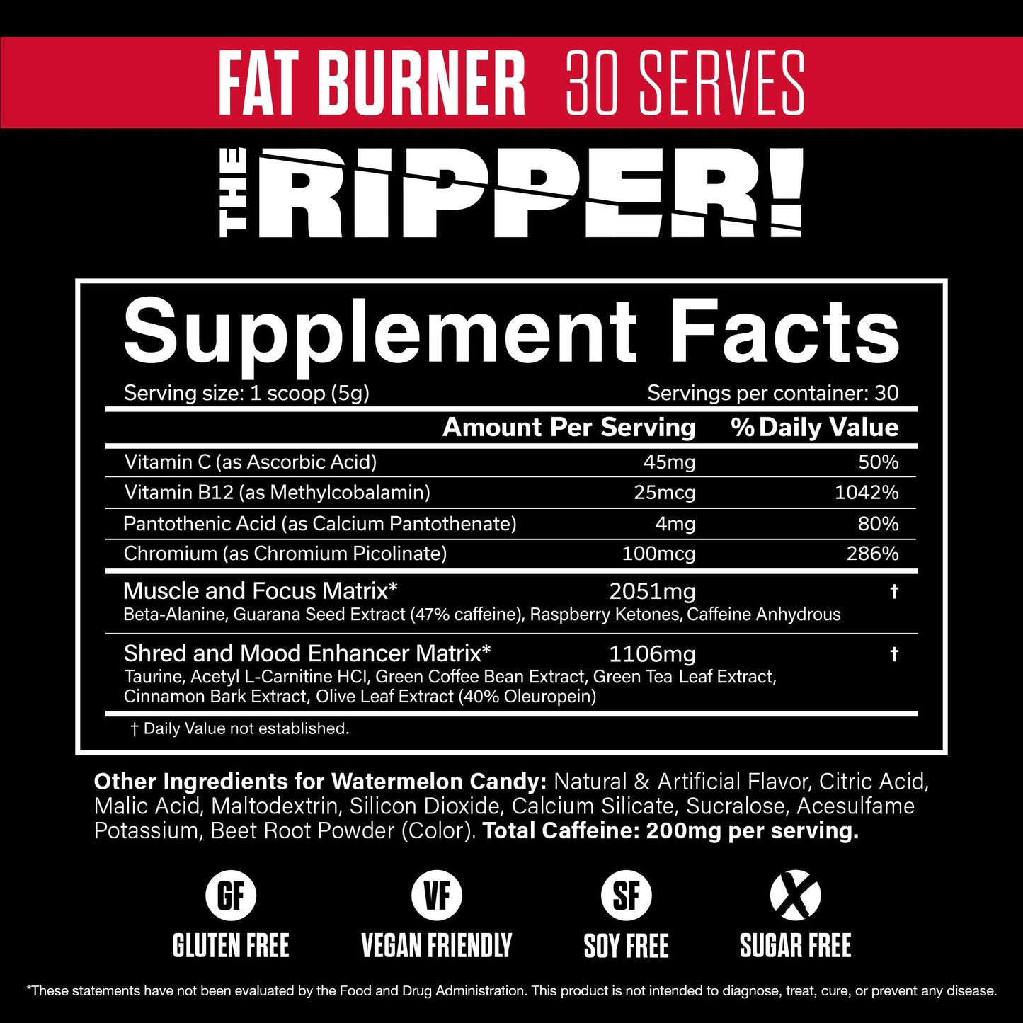 JNX SPORTS The Ripper! Shredding Thermogenic Fat Burner - Watermelon Candy 30 Servings | Advanced Fast Acting Thermogenic Pre-Workout, Appetite Suppressant for Men & Women